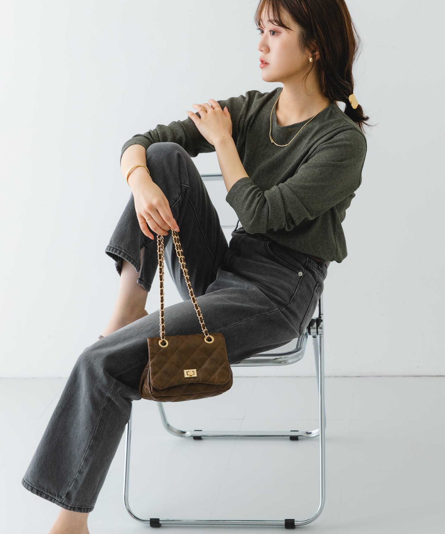 ヴィンテージライクキルティングチェーンバッグ BROWN one