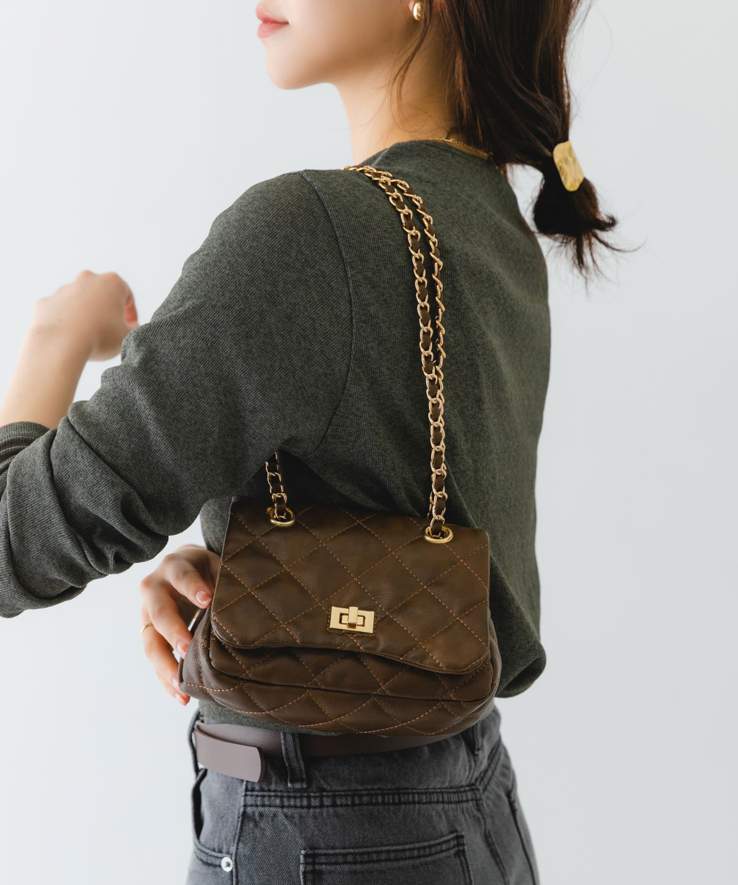 ヴィンテージライクキルティングチェーンバッグ BROWN one