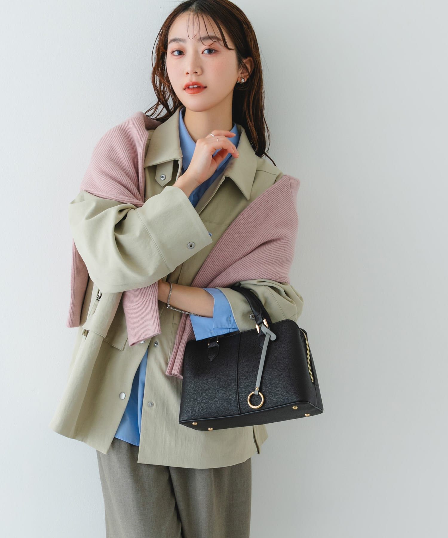 センターステッチハンドバッグ BLACK one