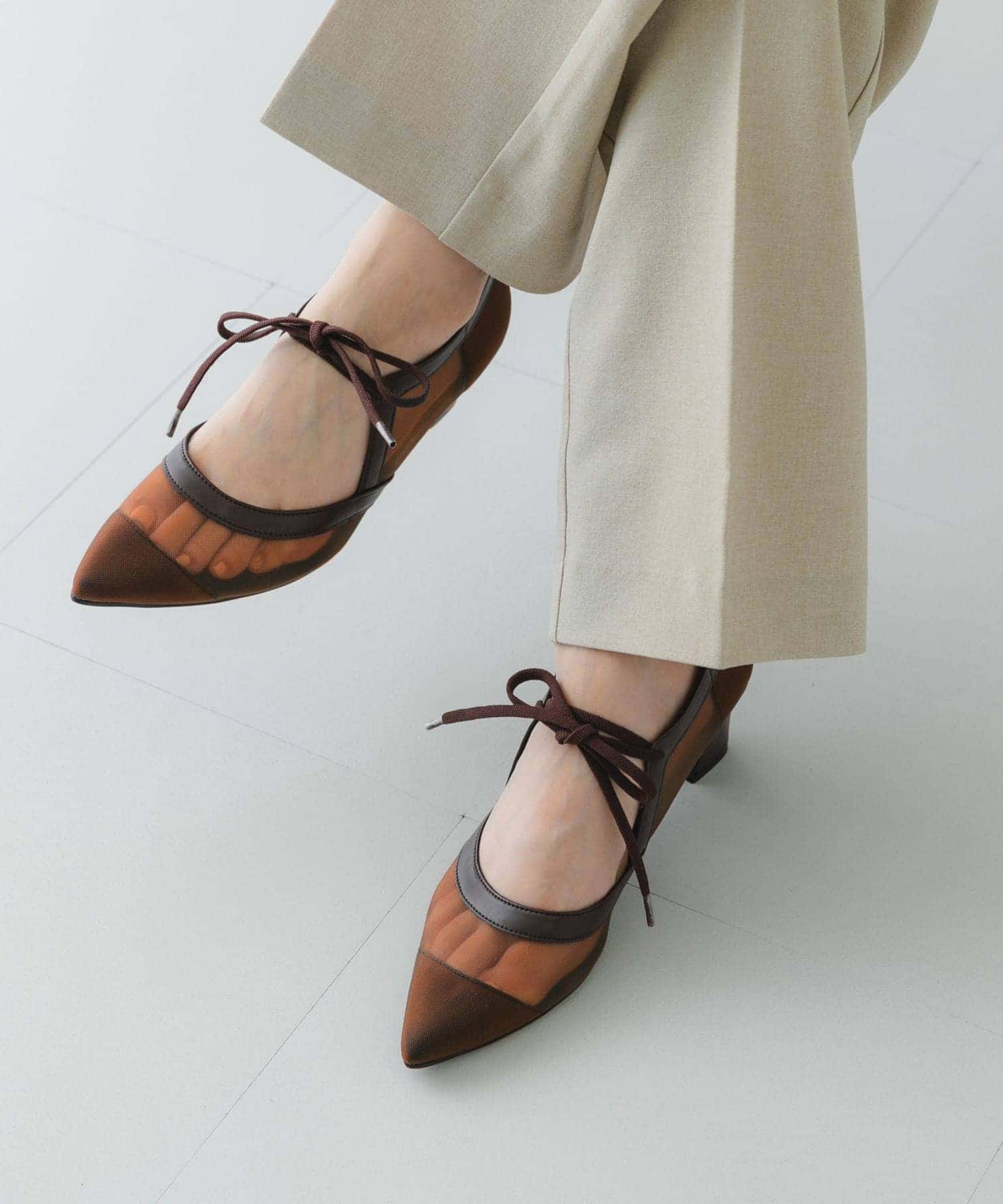 『MADE IN JAPAN』チャンキーヒールリボンパンプス BRNシアー 36