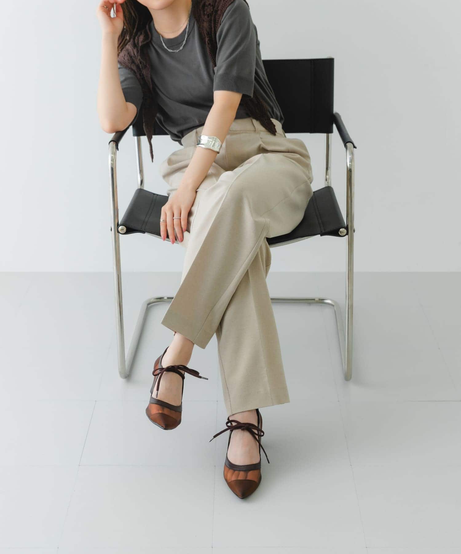 『MADE IN JAPAN』チャンキーヒールリボンパンプス BRNシアー 36