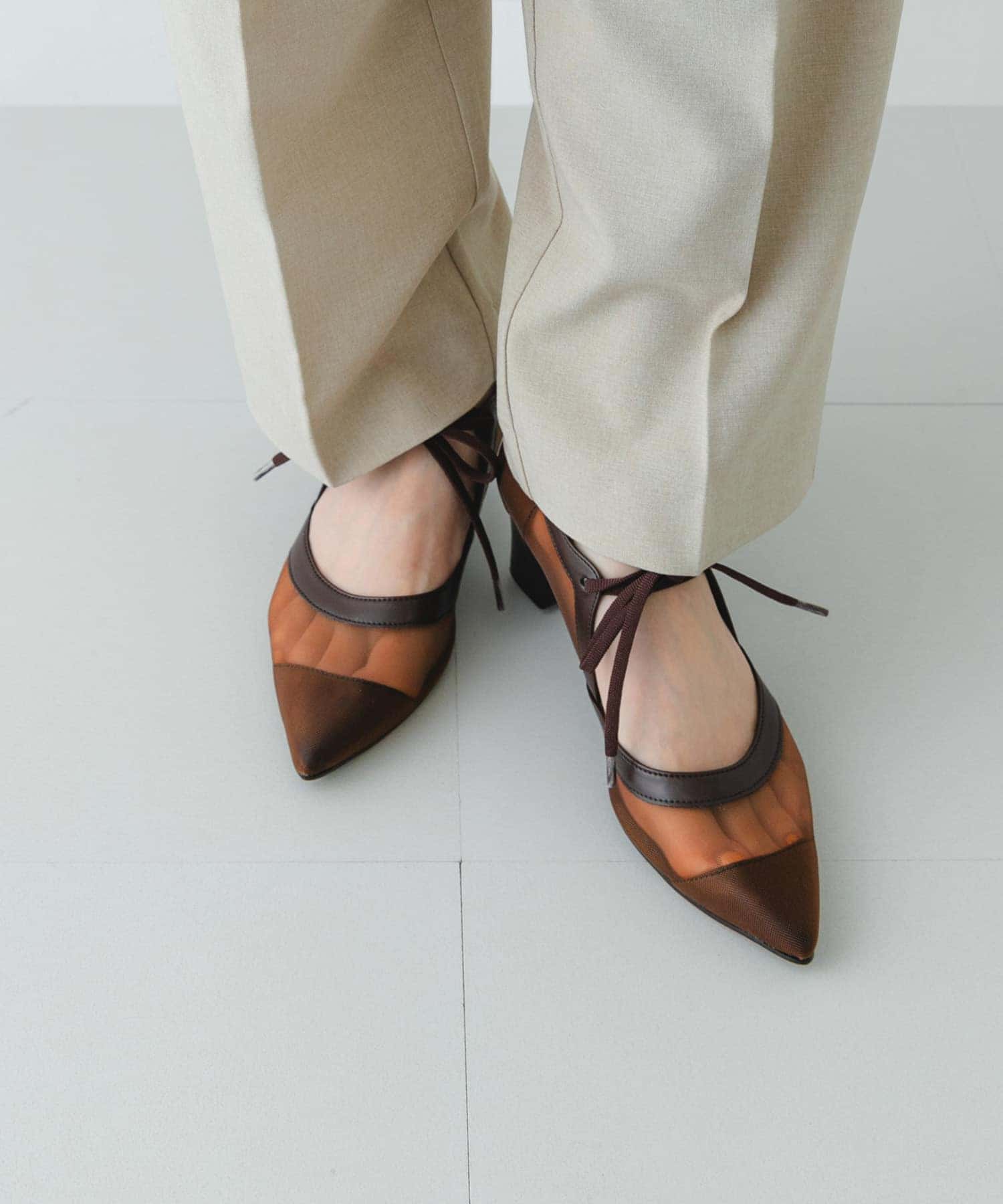 『MADE IN JAPAN』チャンキーヒールリボンパンプス BRNシアー 36