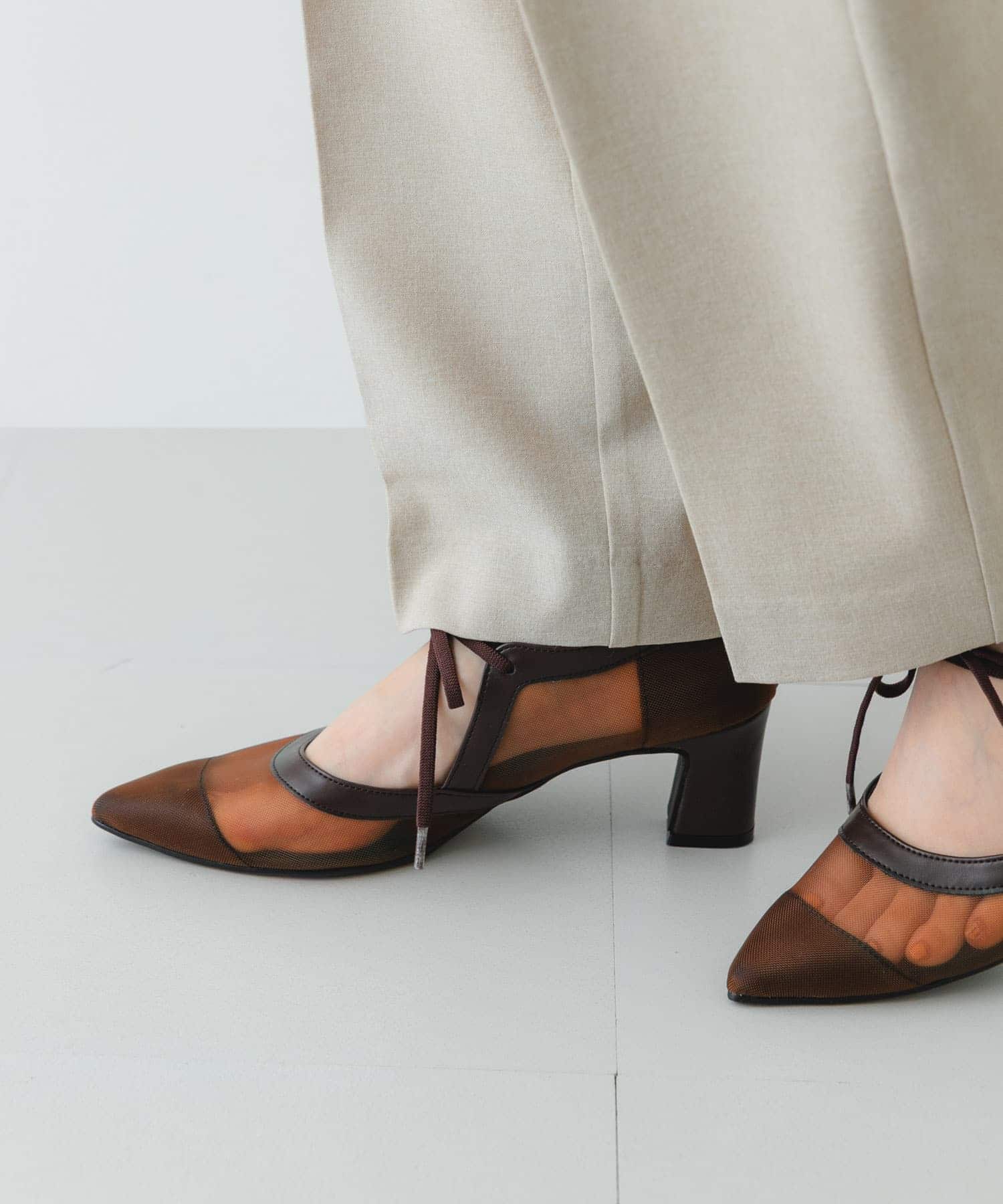 『MADE IN JAPAN』チャンキーヒールリボンパンプス BRNシアー 36