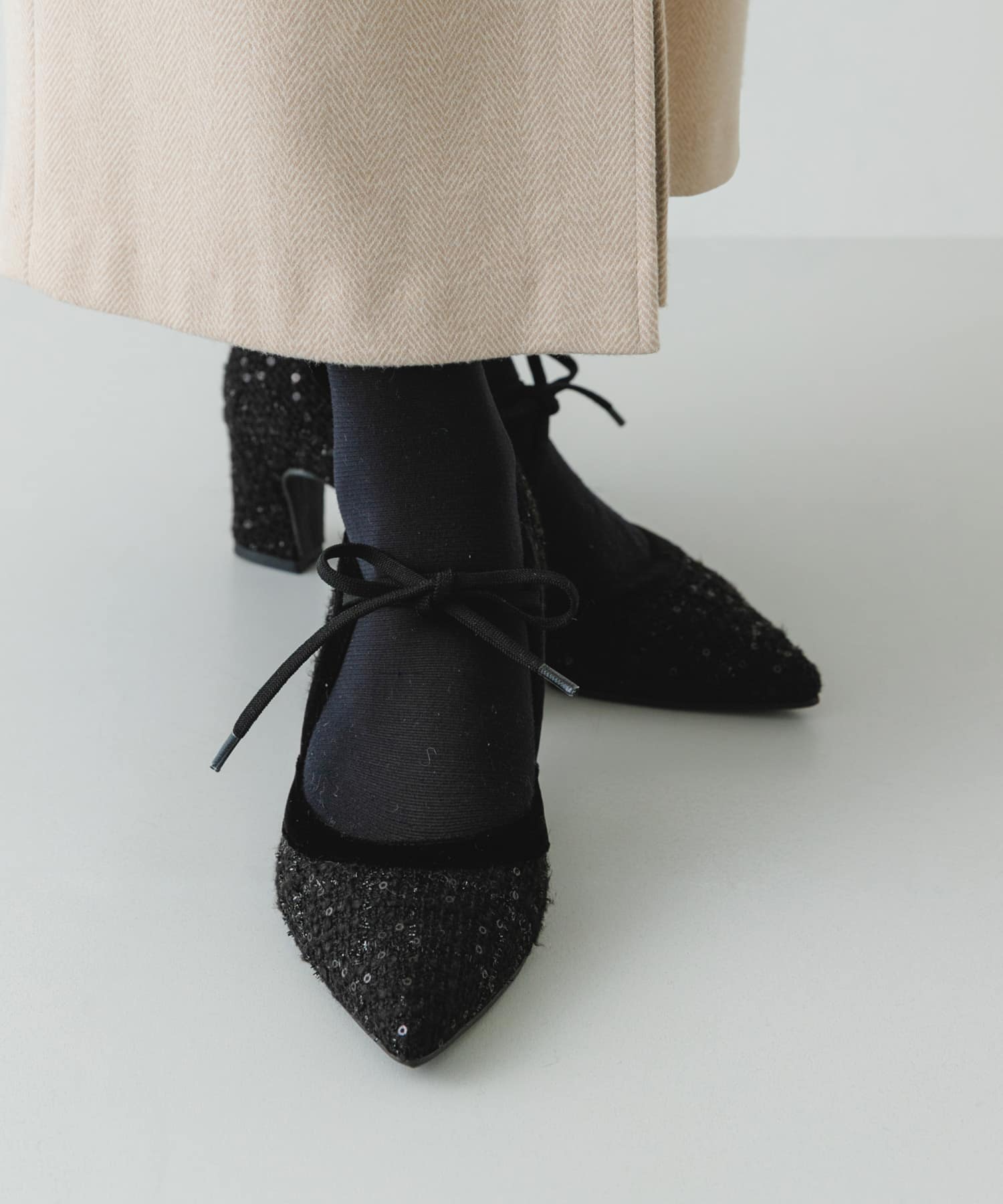 『MADE IN JAPAN』チャンキーヒールリボンパンプス BLK TWEED 36