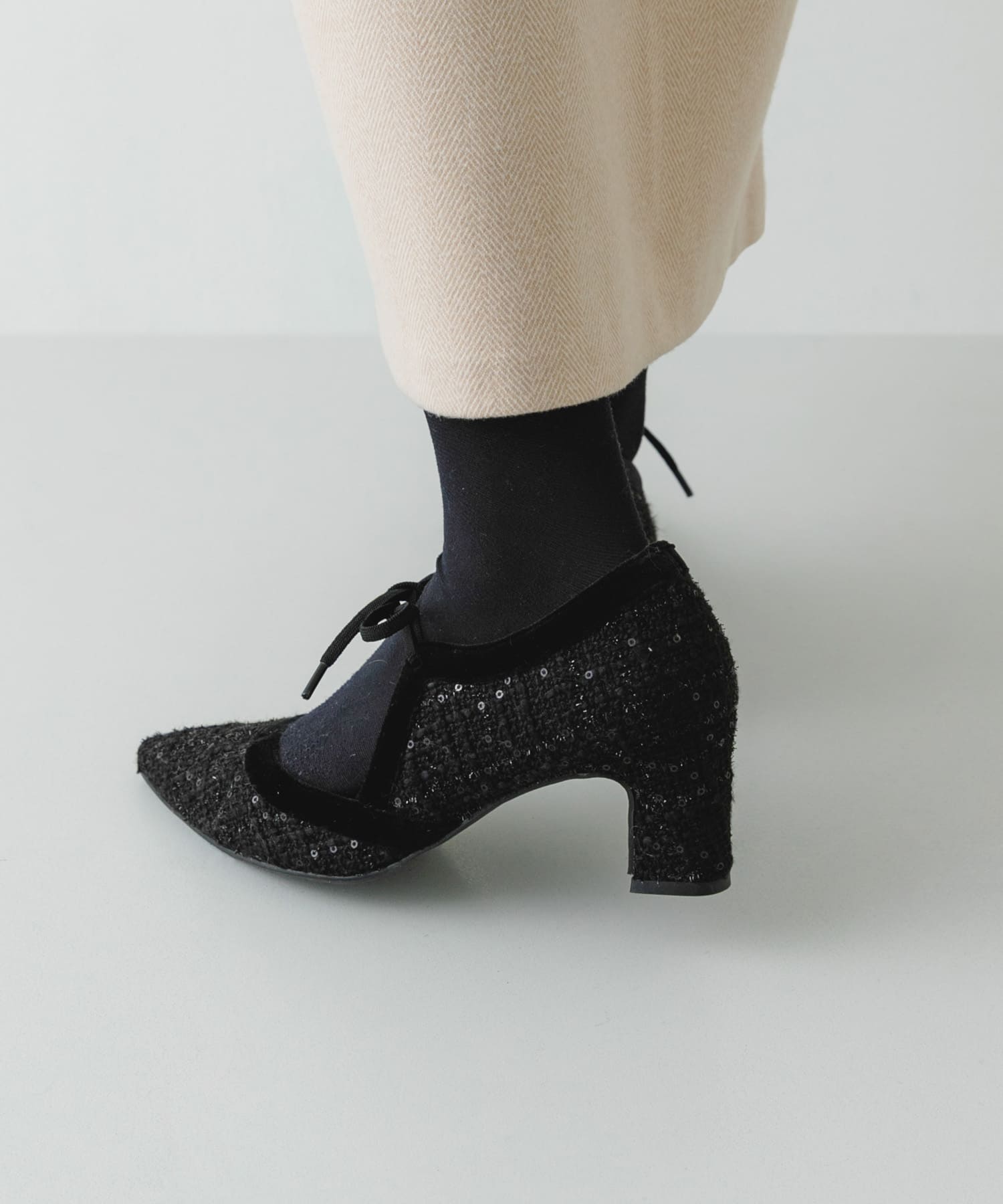 『MADE IN JAPAN』チャンキーヒールリボンパンプス BLK TWEED 36
