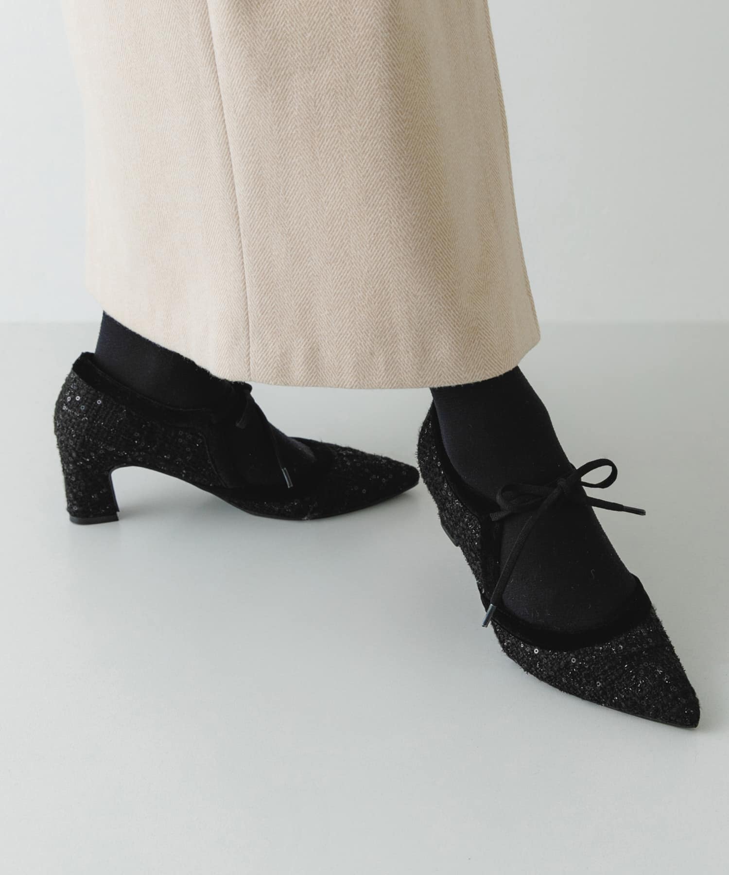 『MADE IN JAPAN』チャンキーヒールリボンパンプス BLK TWEED 36