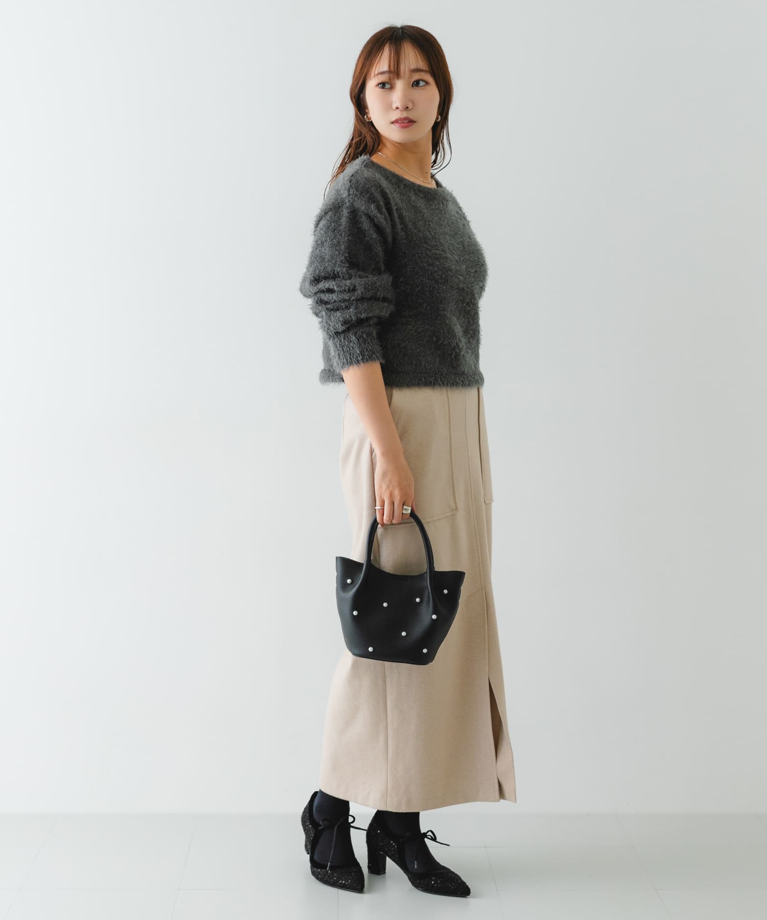 『MADE IN JAPAN』チャンキーヒールリボンパンプス BLK TWEED 36