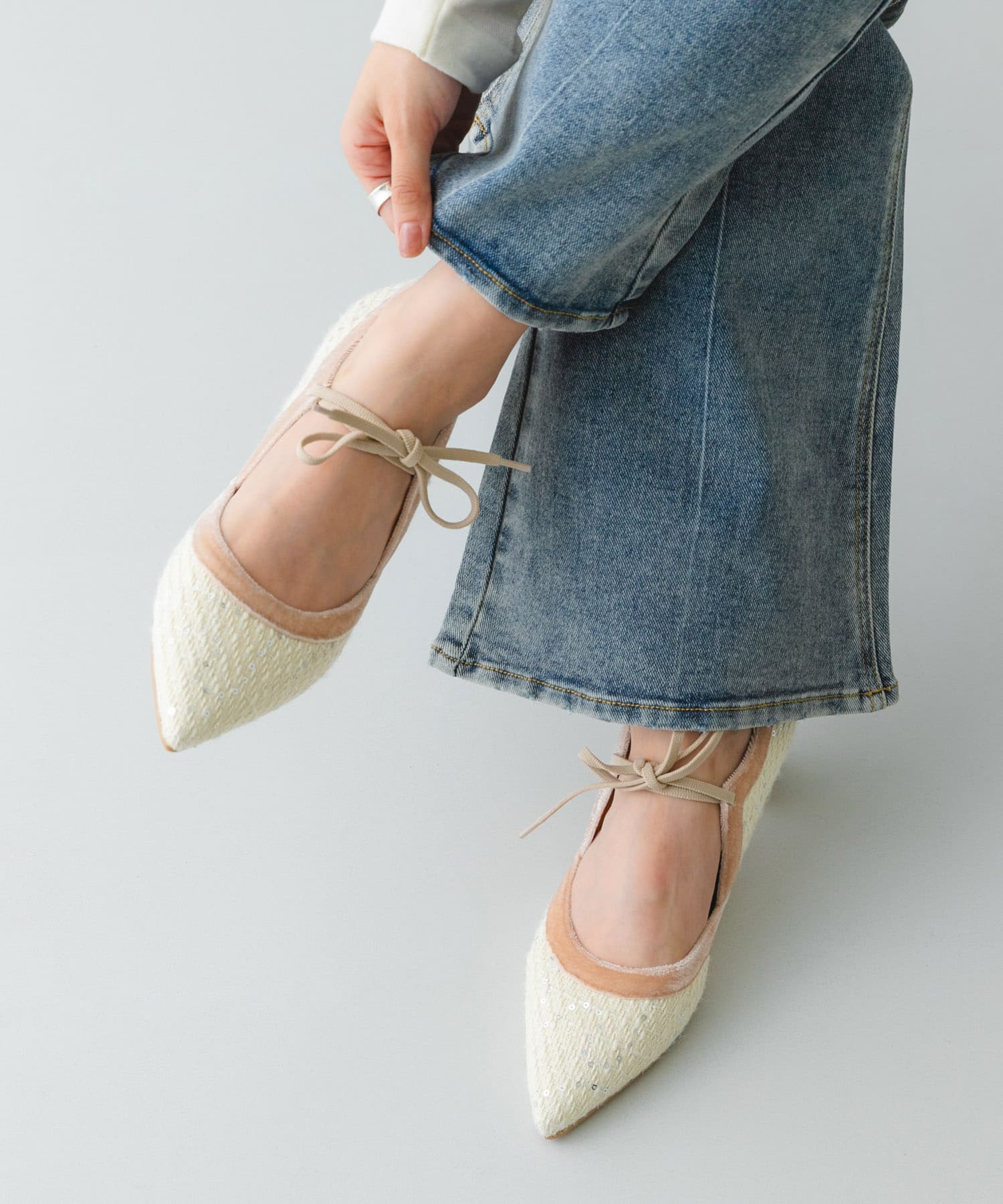 『MADE IN JAPAN』チャンキーヒールリボンパンプス OFF TWEED 36