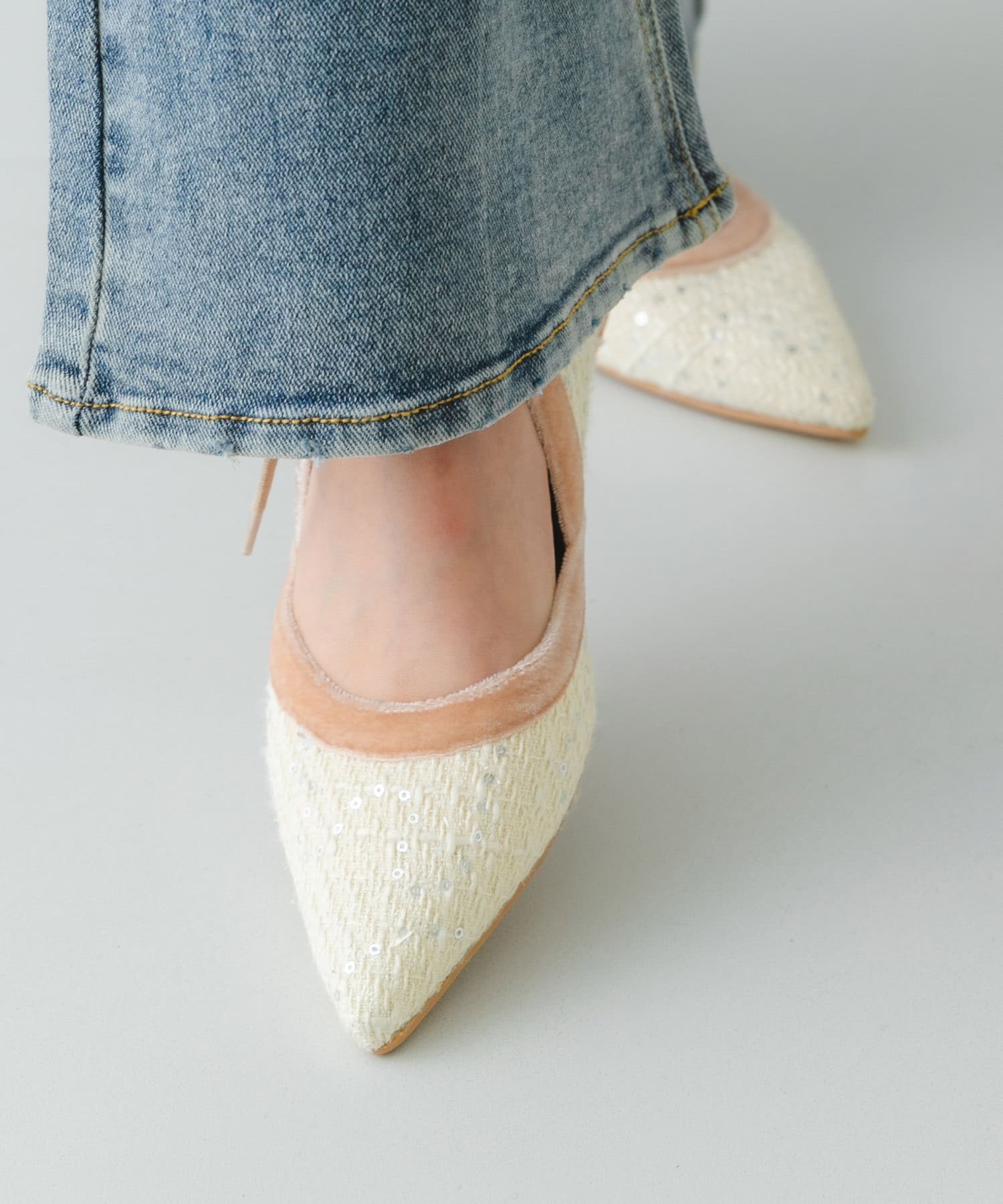 『MADE IN JAPAN』チャンキーヒールリボンパンプス OFF TWEED 36