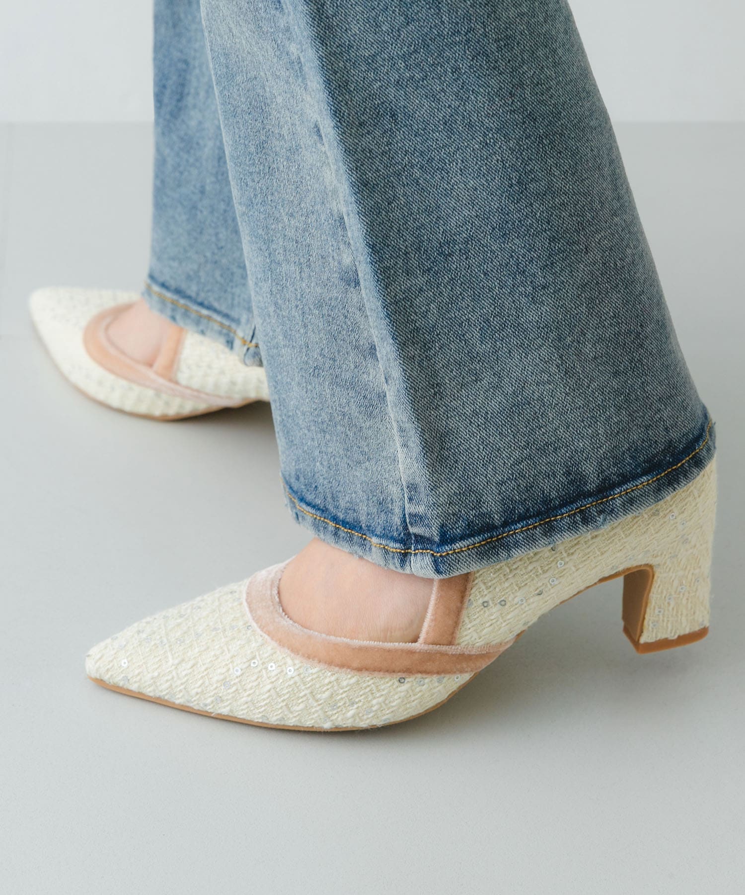 『MADE IN JAPAN』チャンキーヒールリボンパンプス OFF TWEED 36