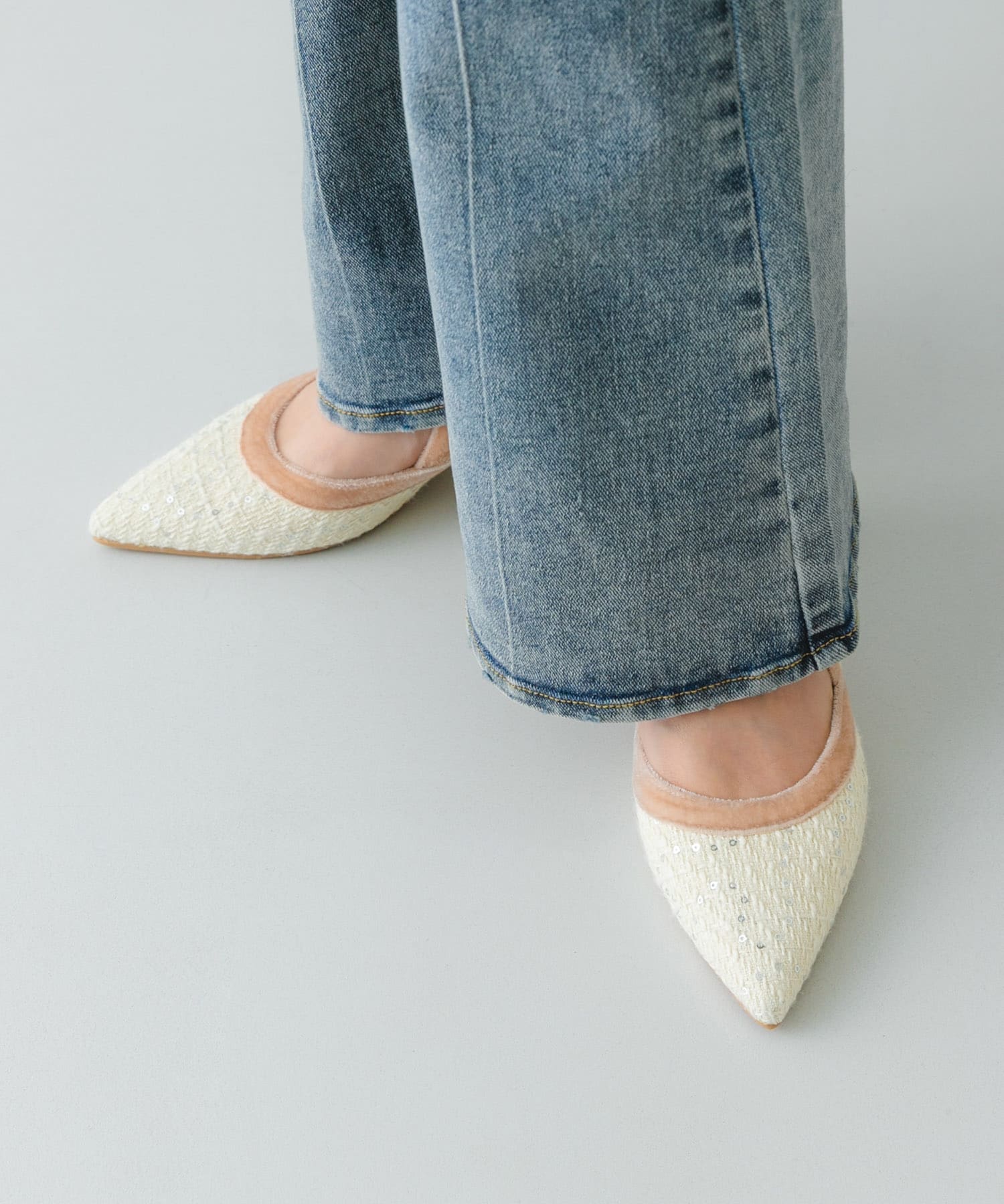 『MADE IN JAPAN』チャンキーヒールリボンパンプス OFF TWEED 36