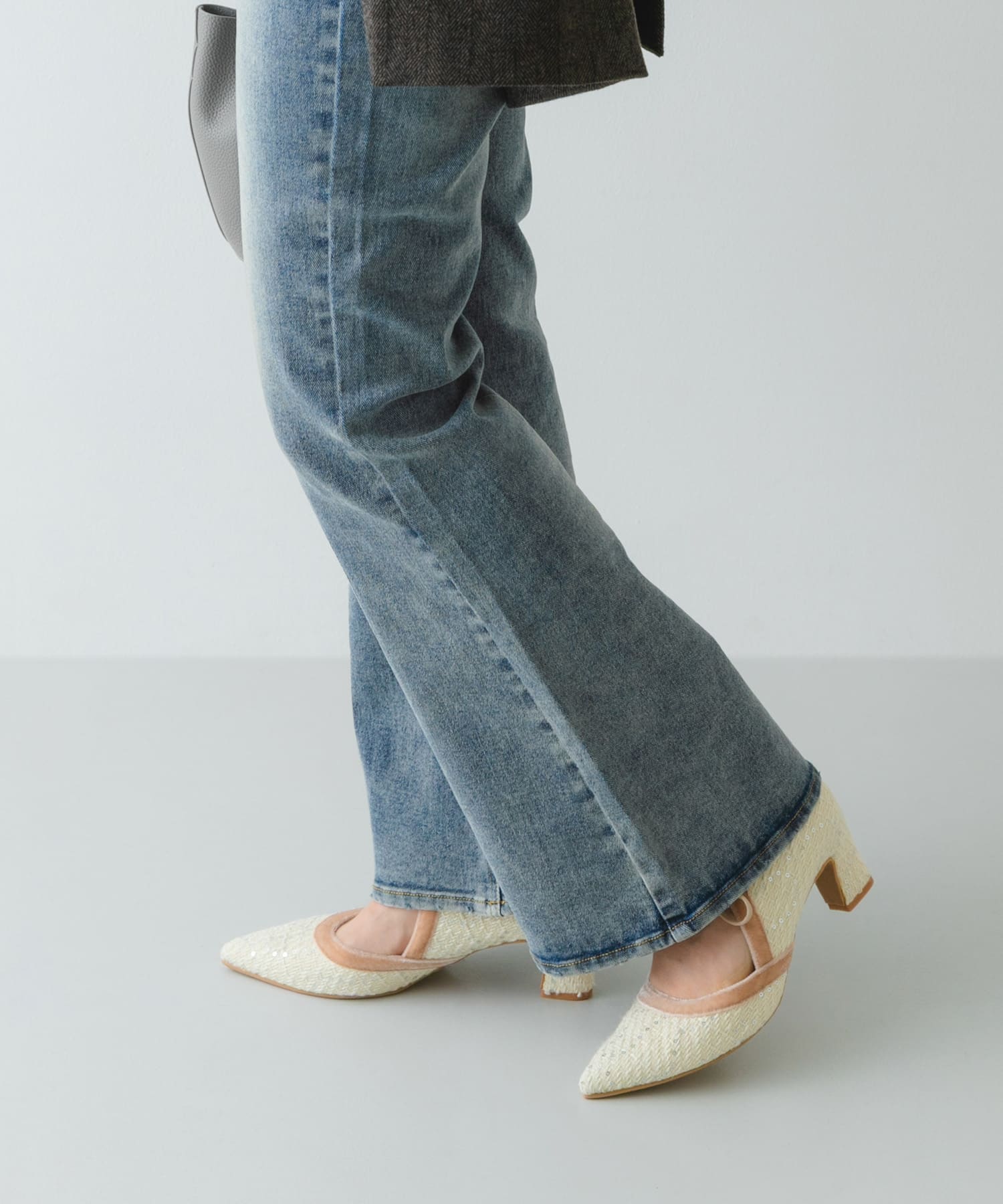 『MADE IN JAPAN』チャンキーヒールリボンパンプス OFF TWEED 36