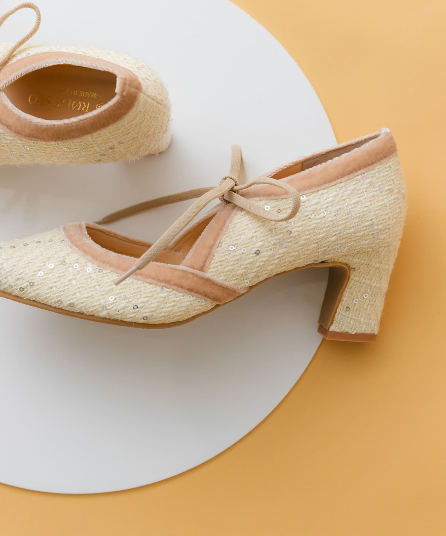 『MADE IN JAPAN』チャンキーヒールリボンパンプス OFF TWEED 36