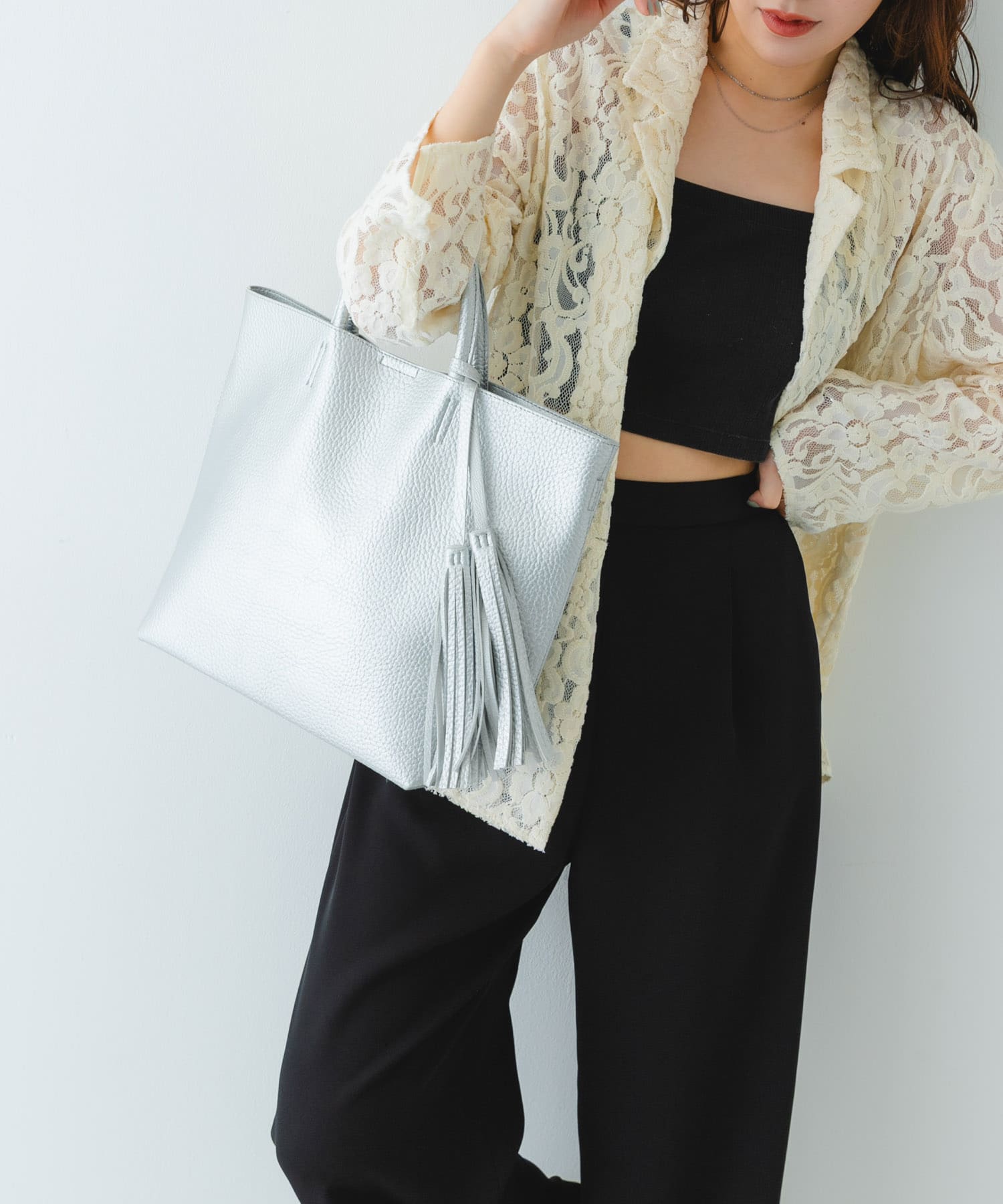 タッセル軽量2WAYシンプルトートバッグ SILVER one