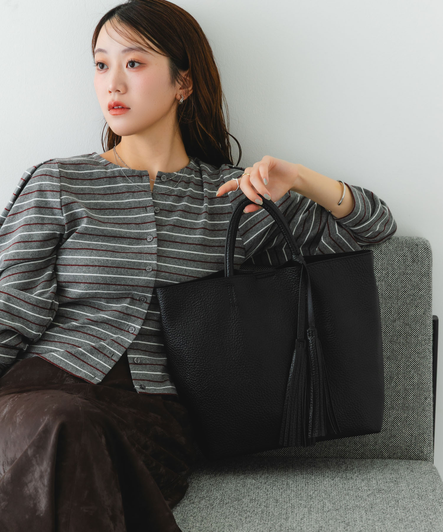 タッセル軽量2WAYシンプルトートバッグ BLACK one