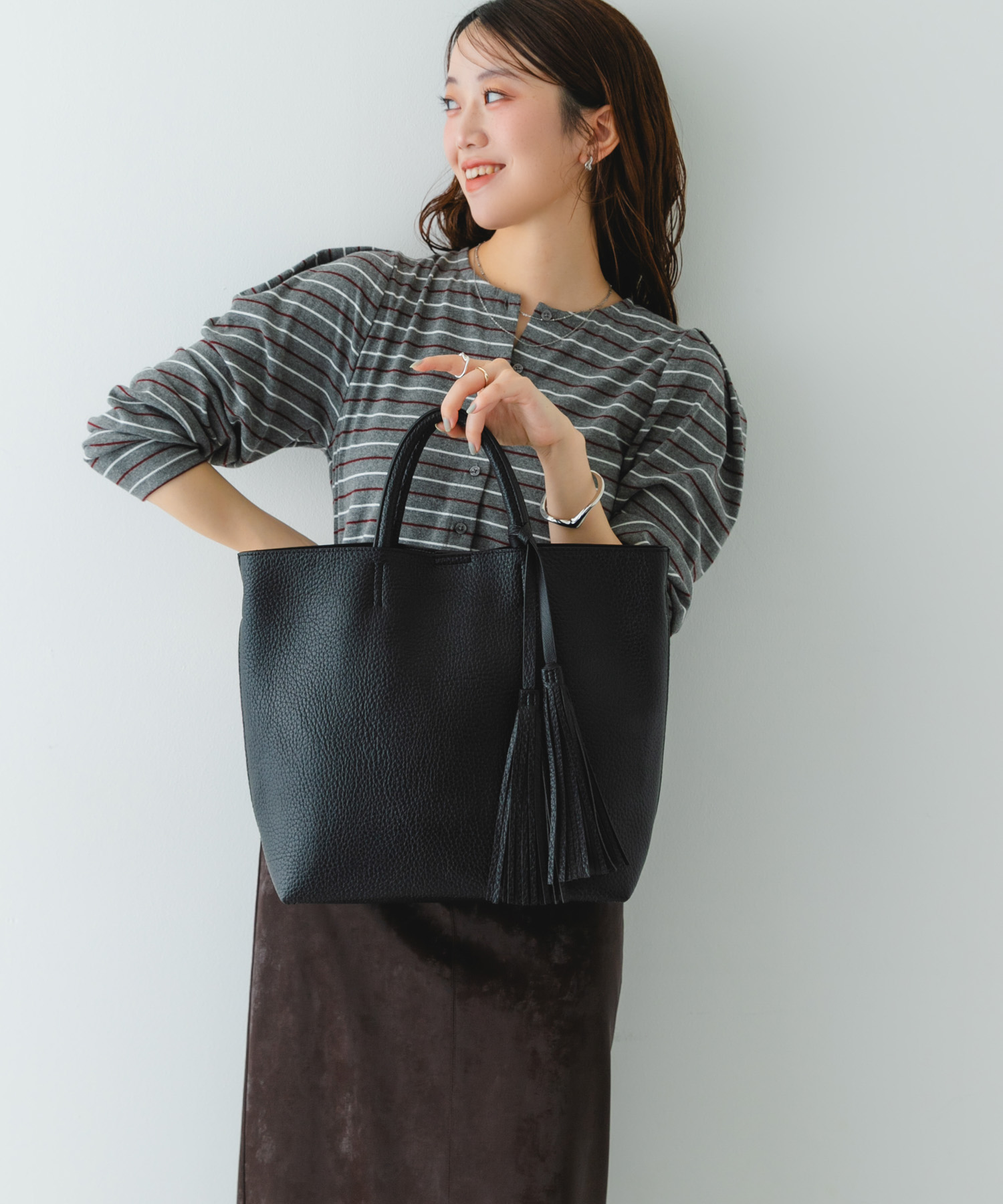 タッセル軽量2WAYシンプルトートバッグ BLACK one