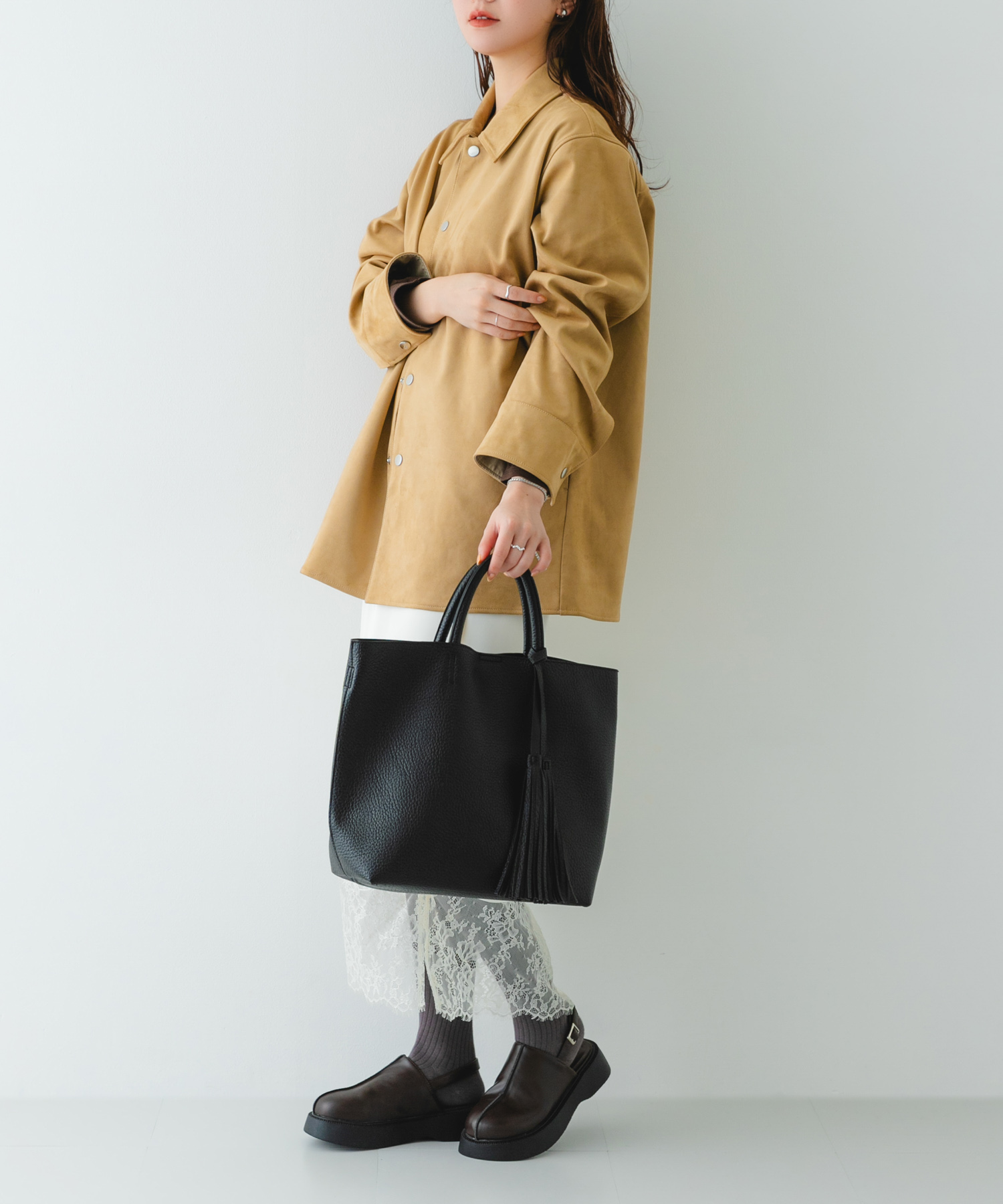 タッセル軽量2WAYシンプルトートバッグ BLACK one