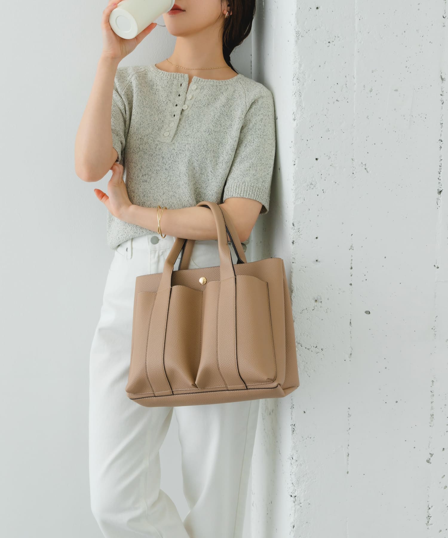 ダブルポケットトートバッグ BEIGE one