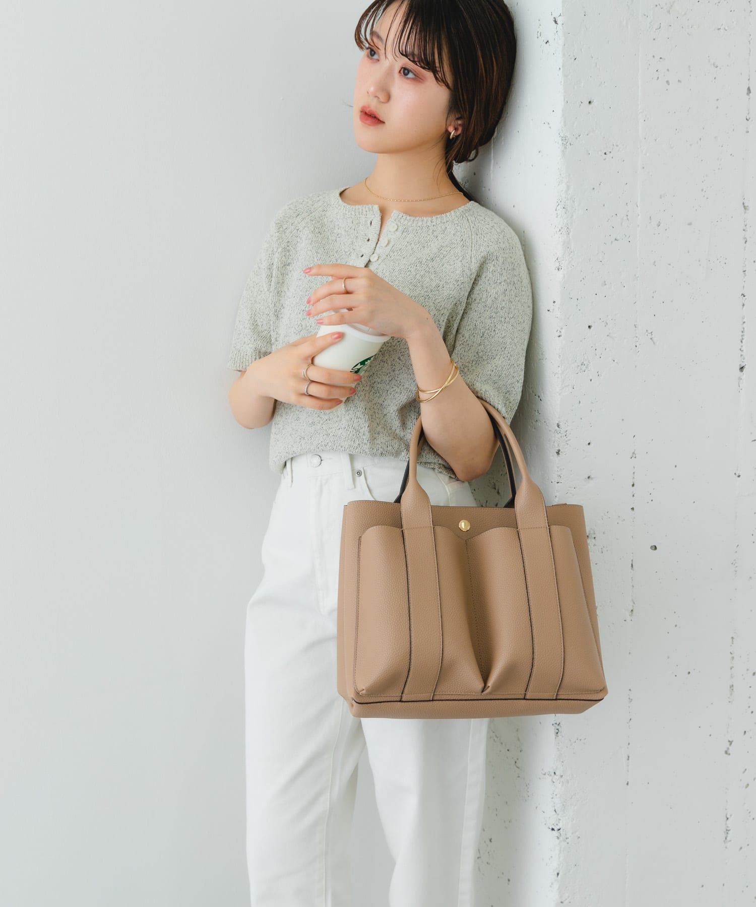 ダブルポケットトートバッグ BEIGE one