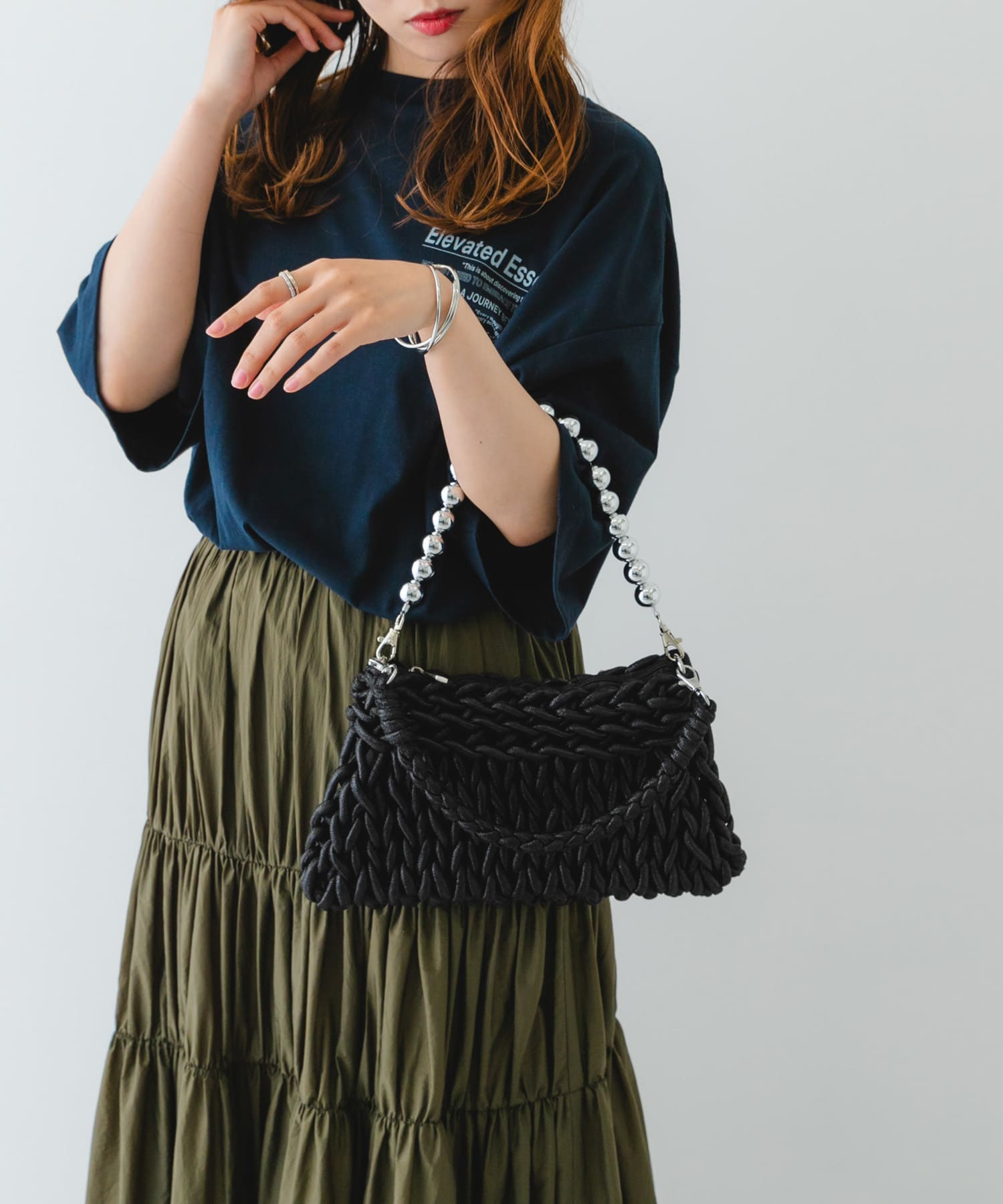 ボールチェーン付き編み込みバッグ BLACK one