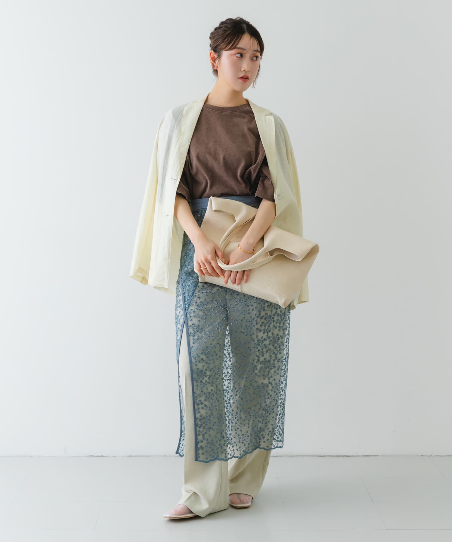 センターステッチVカットトートバッグ IVORY one