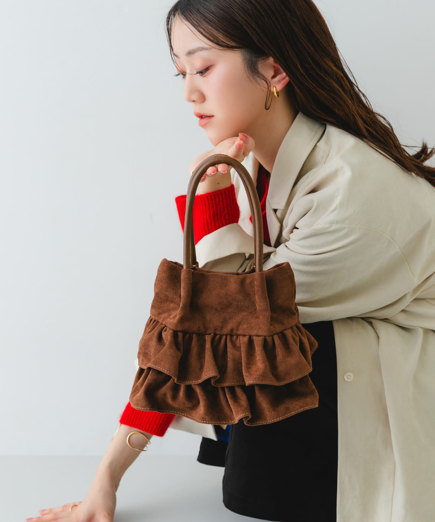 フリルショルダーハンドバッグ BROWN/S One