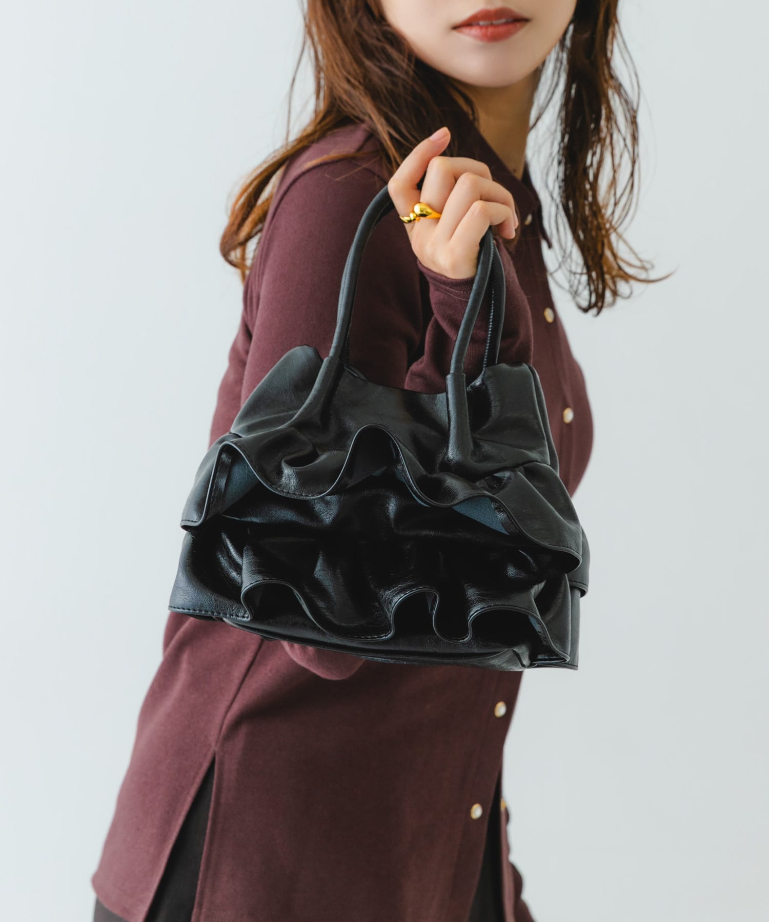 フリルショルダーハンドバッグ BLACK One