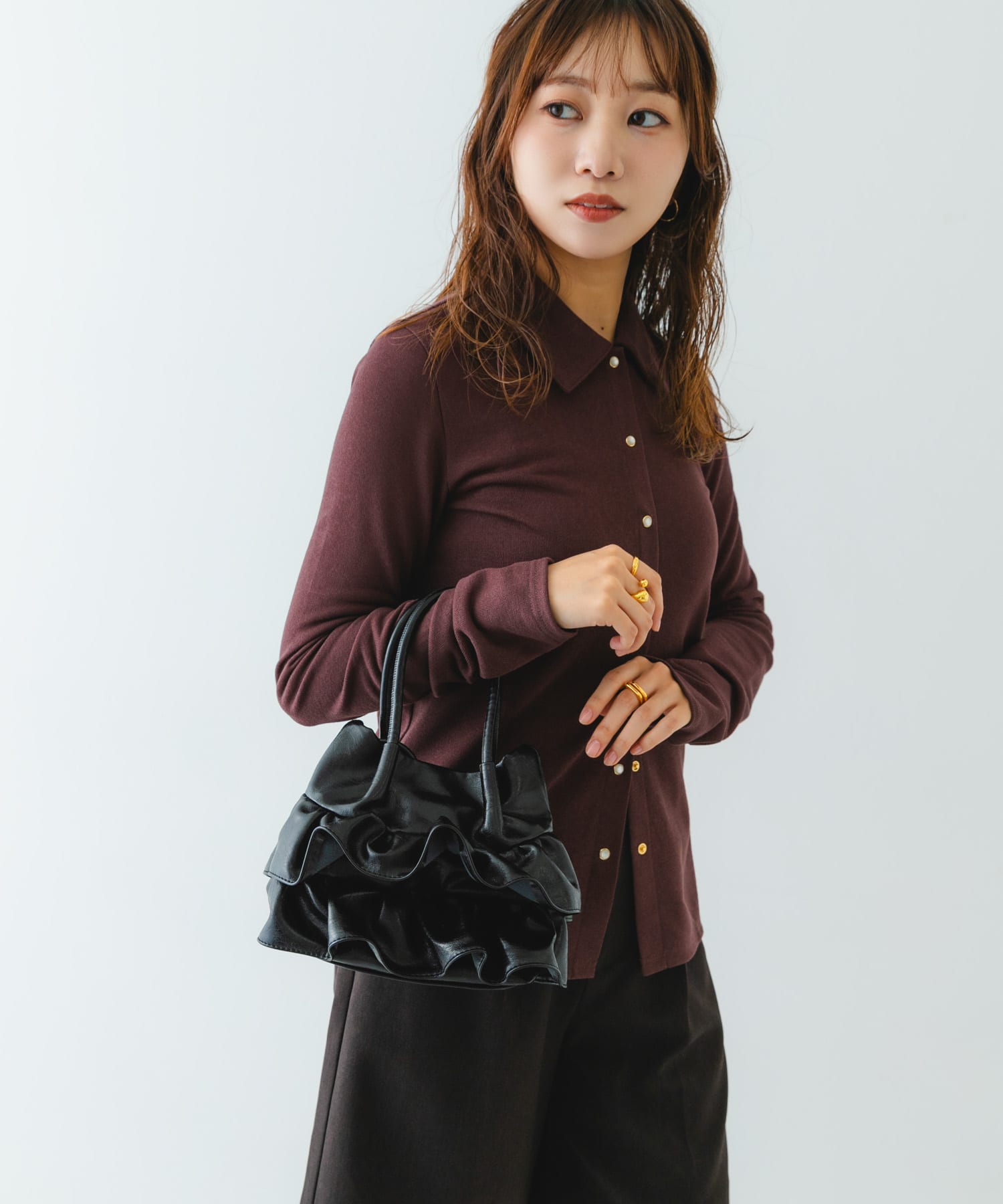 フリルショルダーハンドバッグ BLACK One