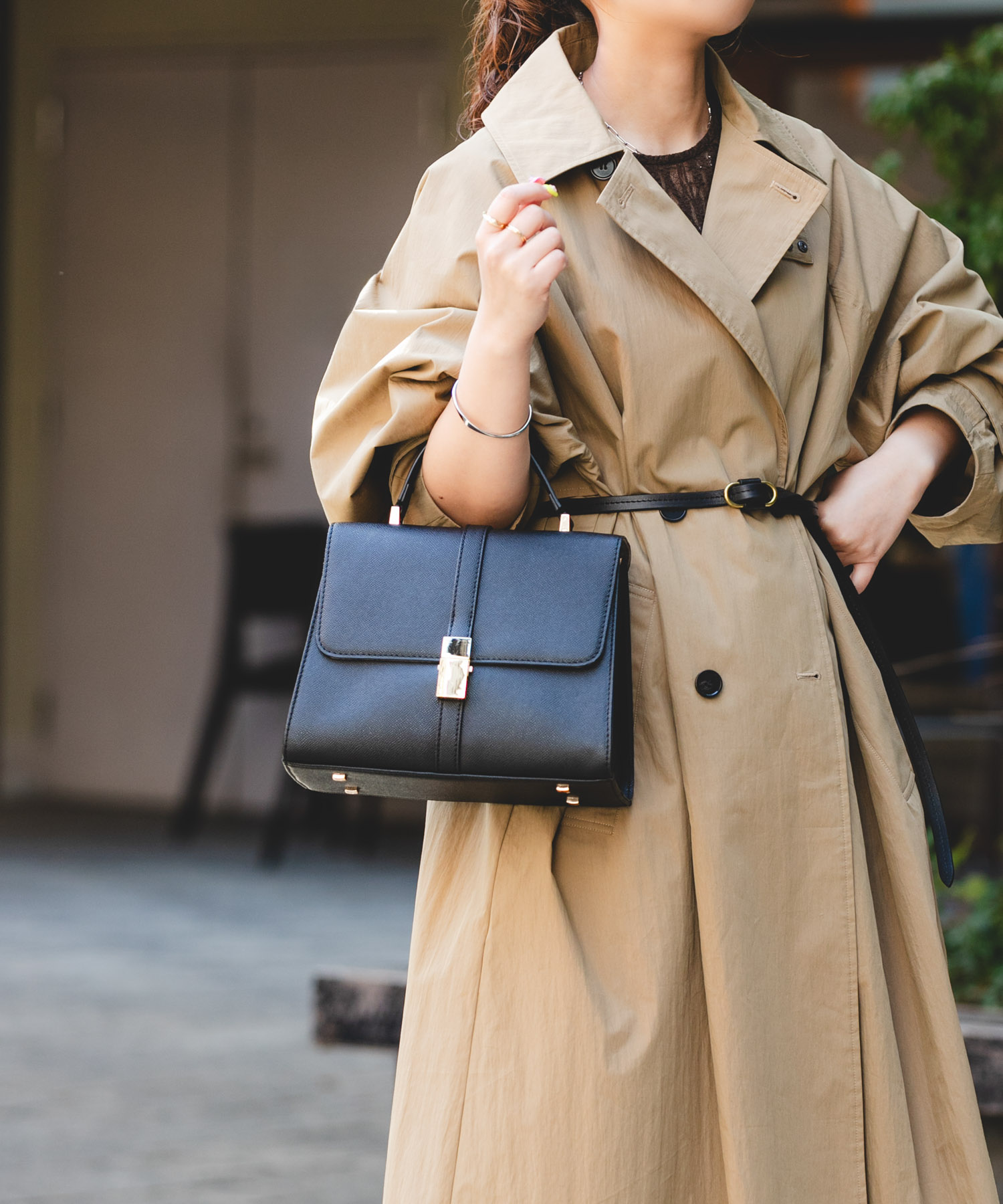 サブバッグ付フラップハンドバッグ BLACK one