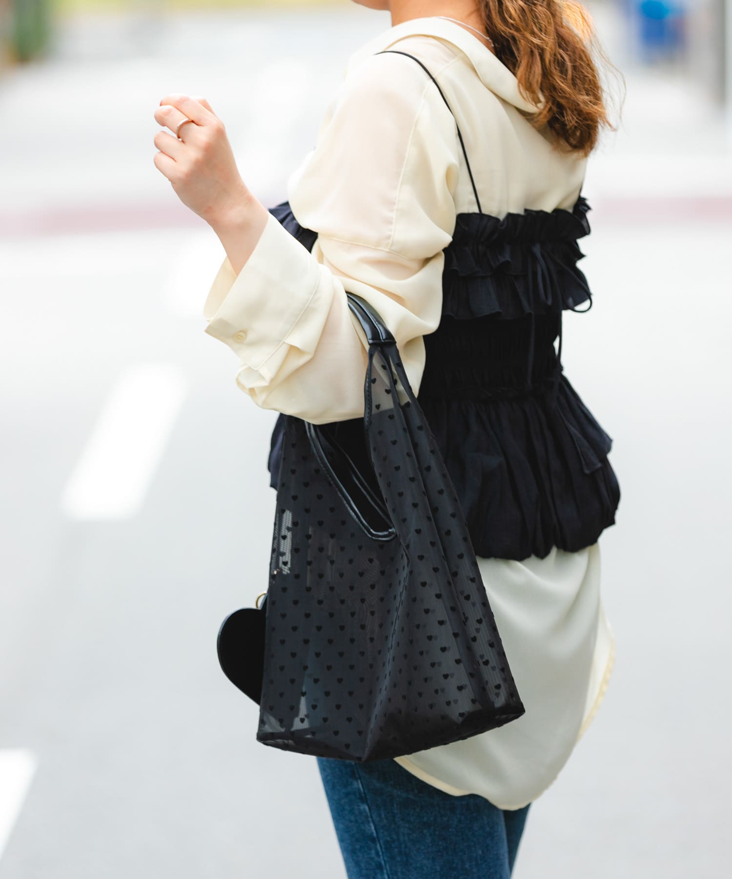 ハートシアーサンカクハンドバッグ BLACK one