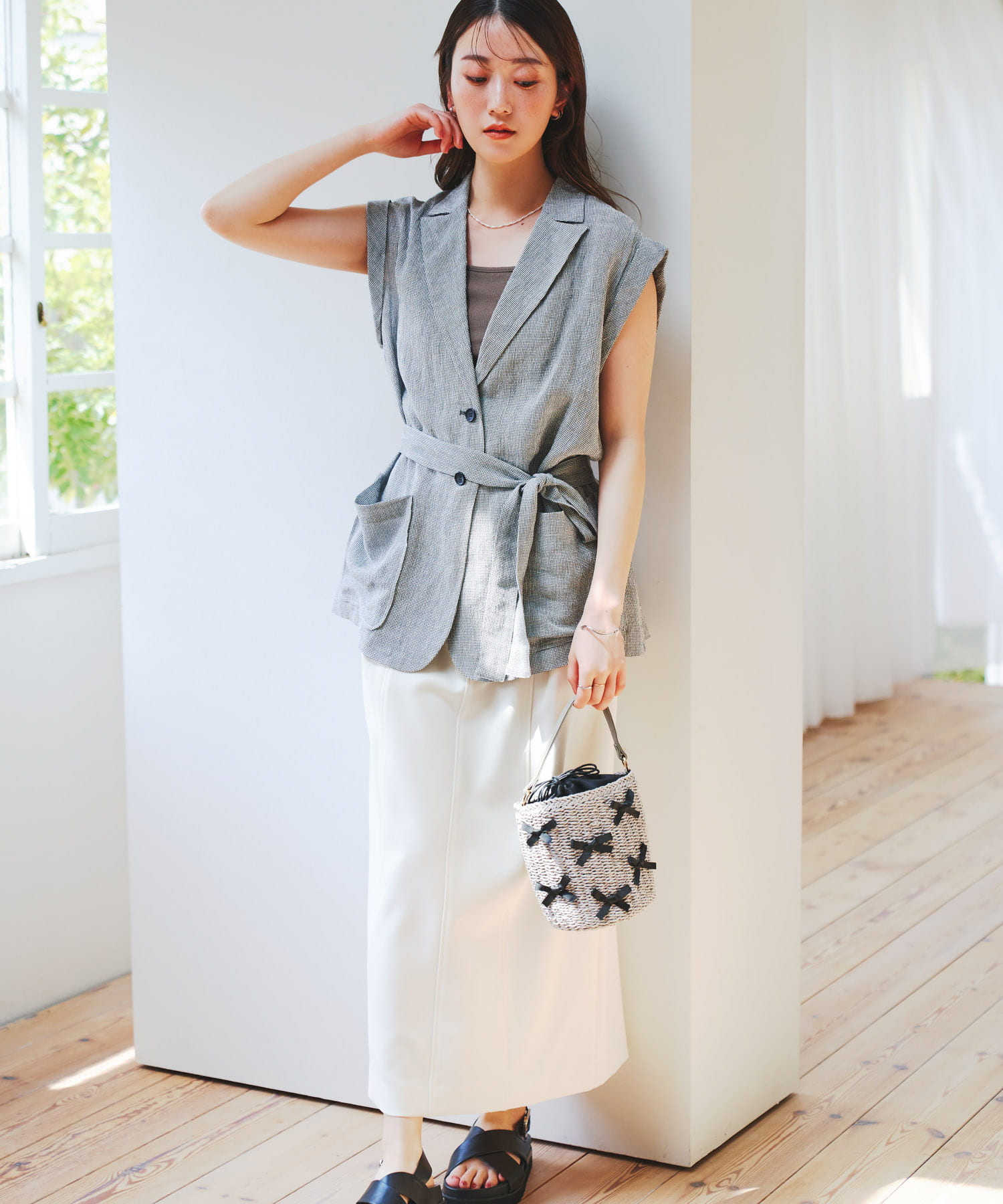 リボンバスケットショルダーバッグ GRAYxBLK one