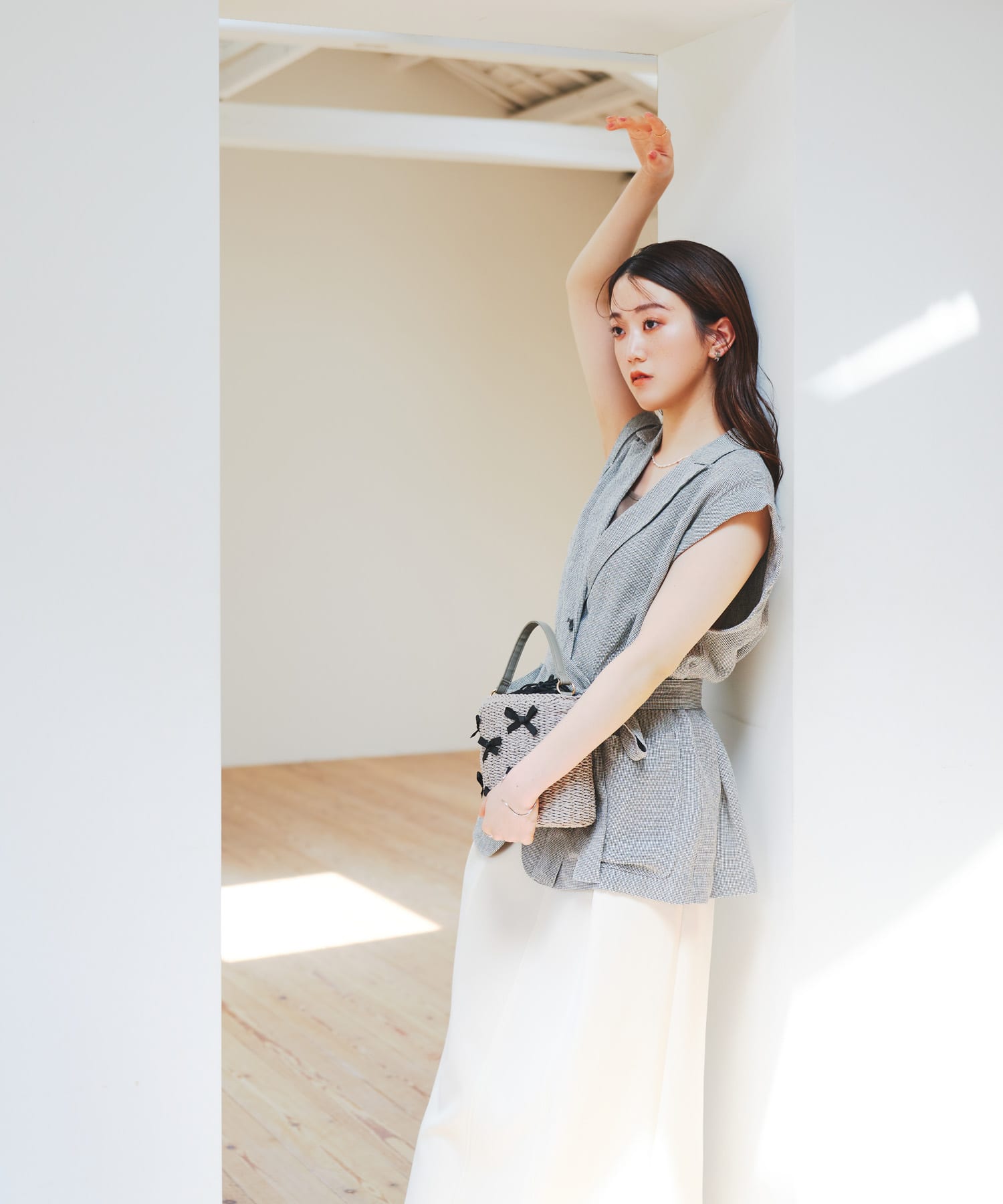 リボンバスケットショルダーバッグ GRAYxBLK one