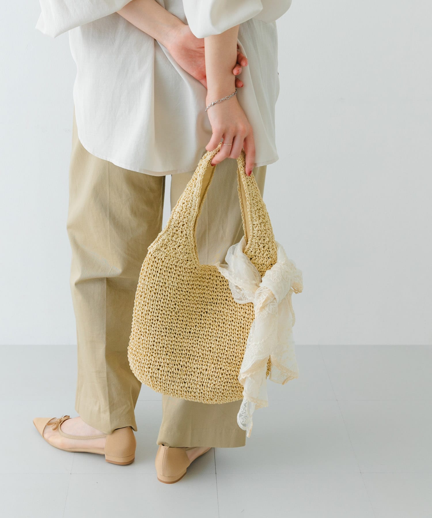 コマ編みペーパートートバッグ BEIGE one