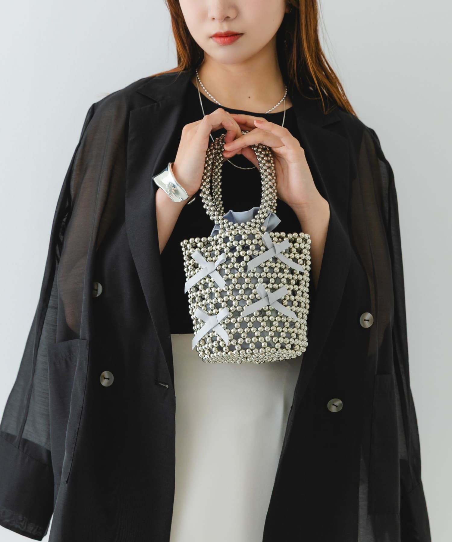 リボンビーズバッグ GRAY one
