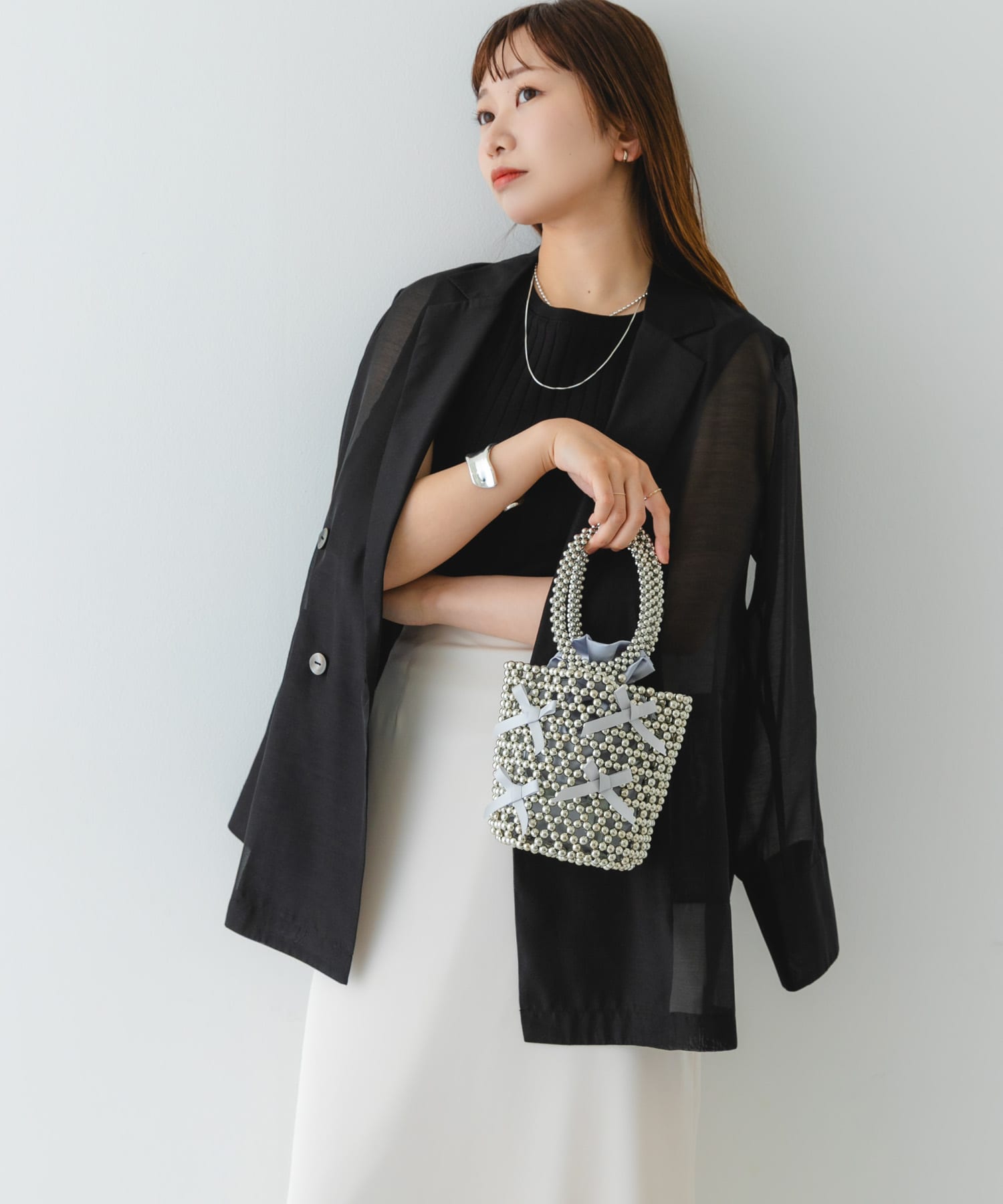 リボンビーズバッグ GRAY one