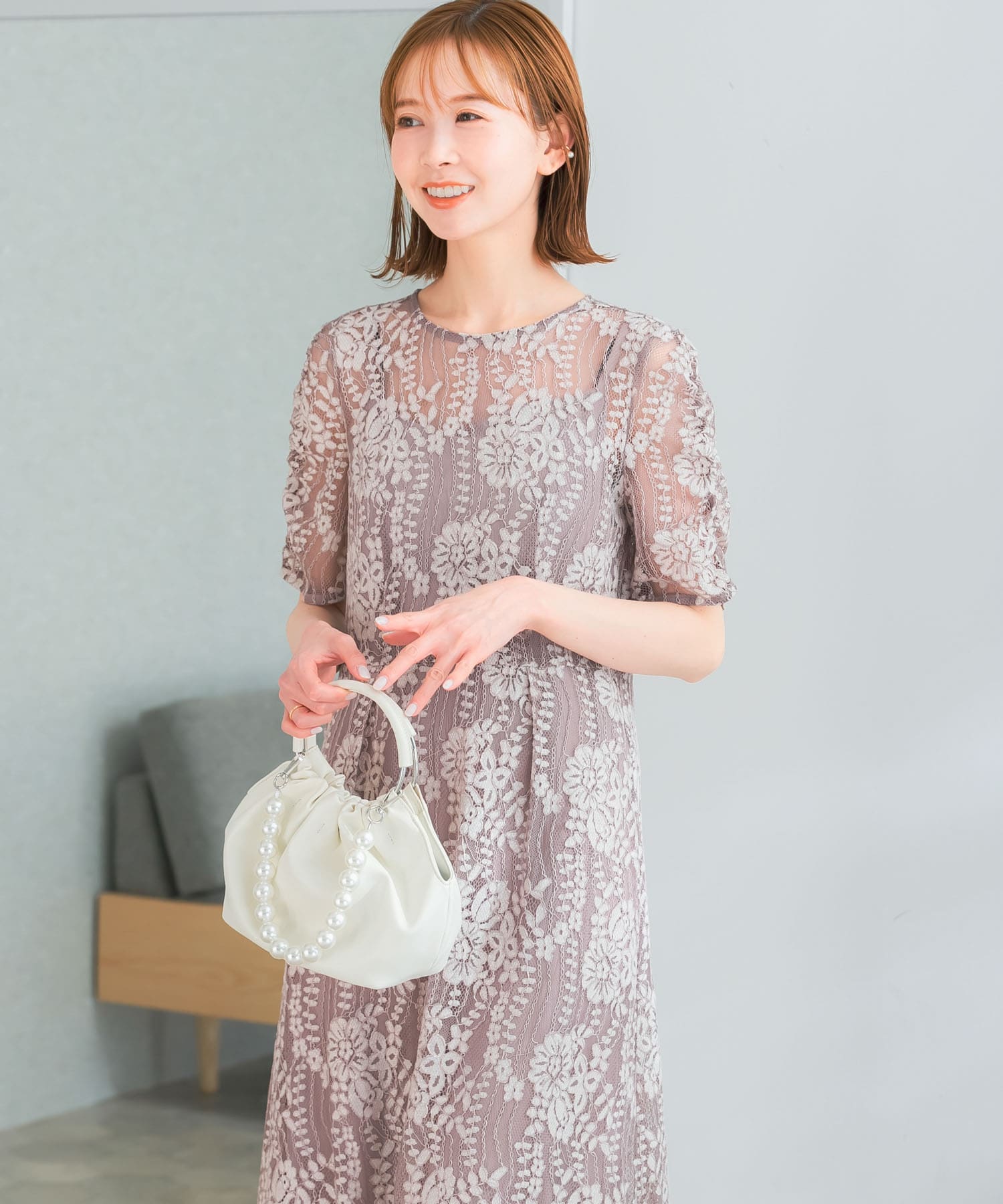 kaene 配色レースエプロンドレス(36 pink beige): ドレスライン