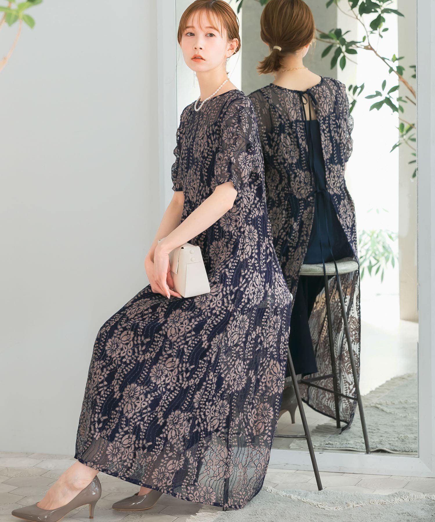 kaene 配色レースエプロンドレス(36 pink beige): ドレスライン