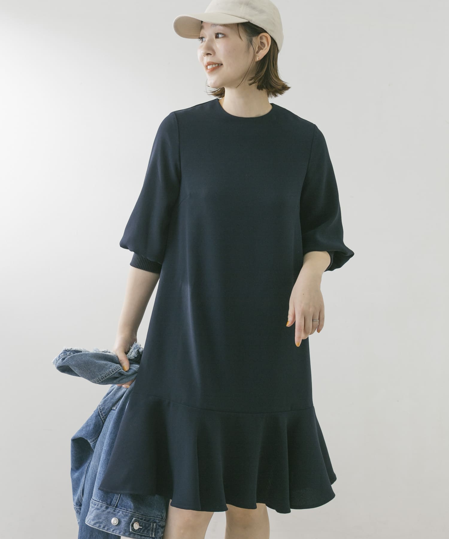 F by ROSSO　ジョーゼット裾フレアワンピース∴ NAVY FREE