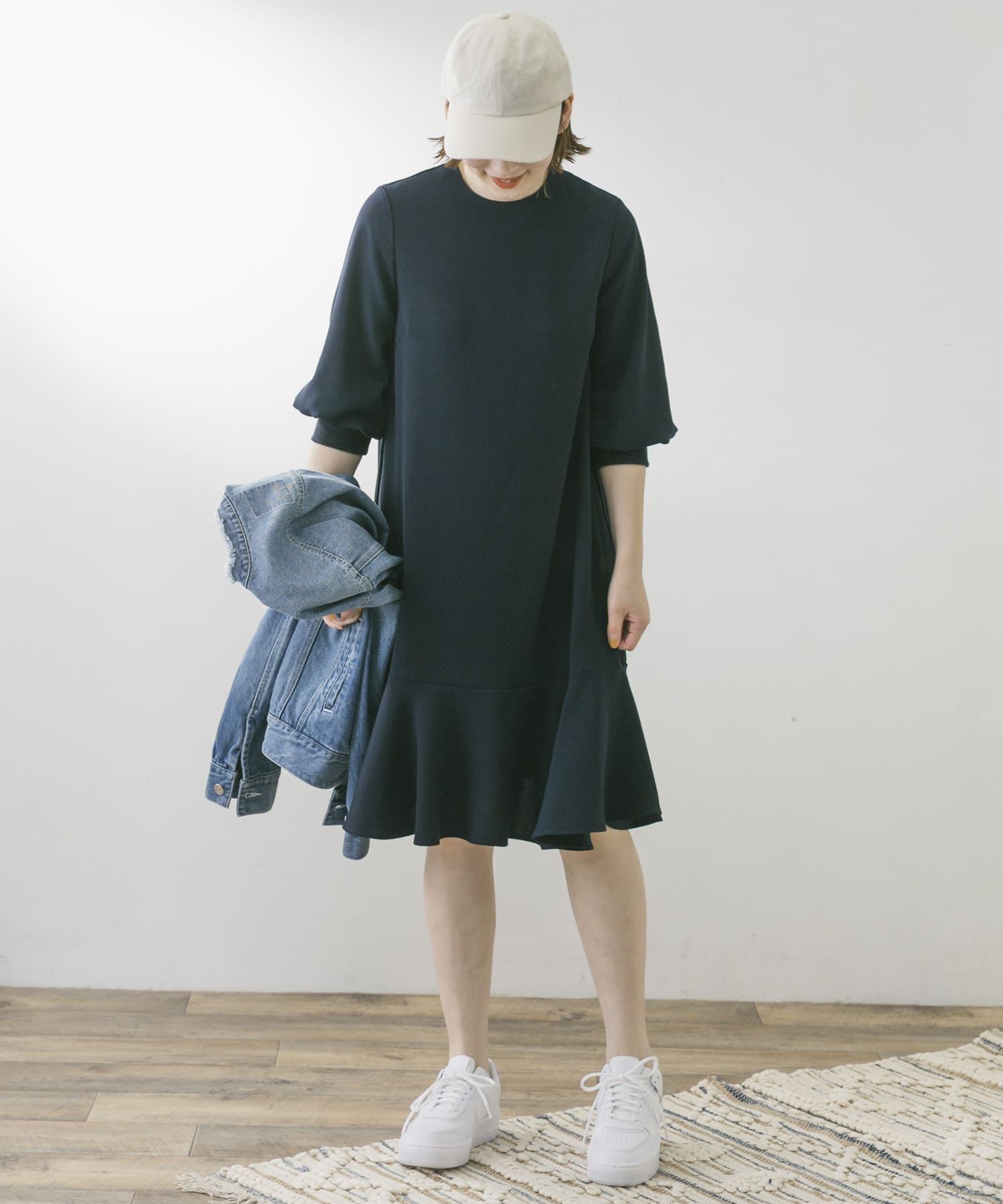 F by ROSSO　ジョーゼット裾フレアワンピース∴ NAVY FREE