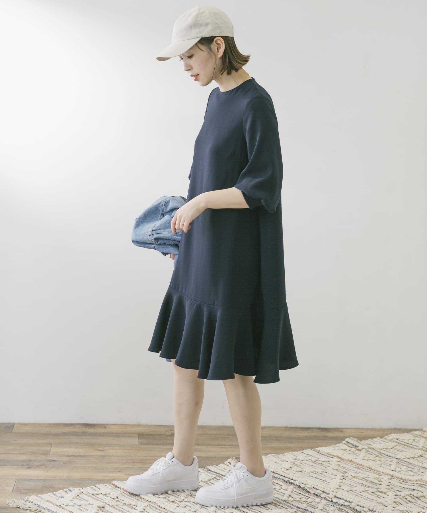 F by ROSSO　ジョーゼット裾フレアワンピース∴ NAVY FREE
