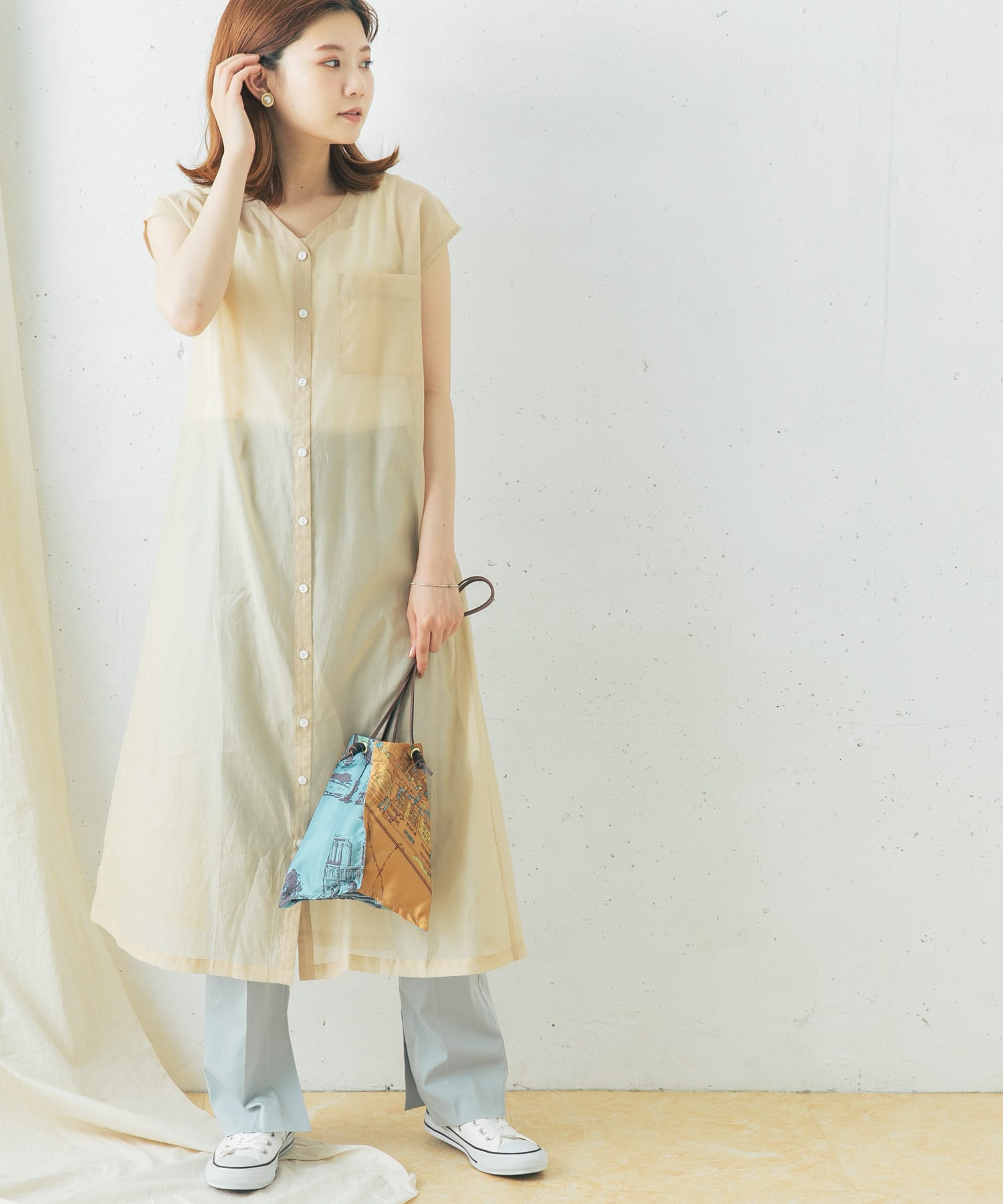 コットンシルクフレンチガウンワンピース(FREE BEIGE): ワンピース