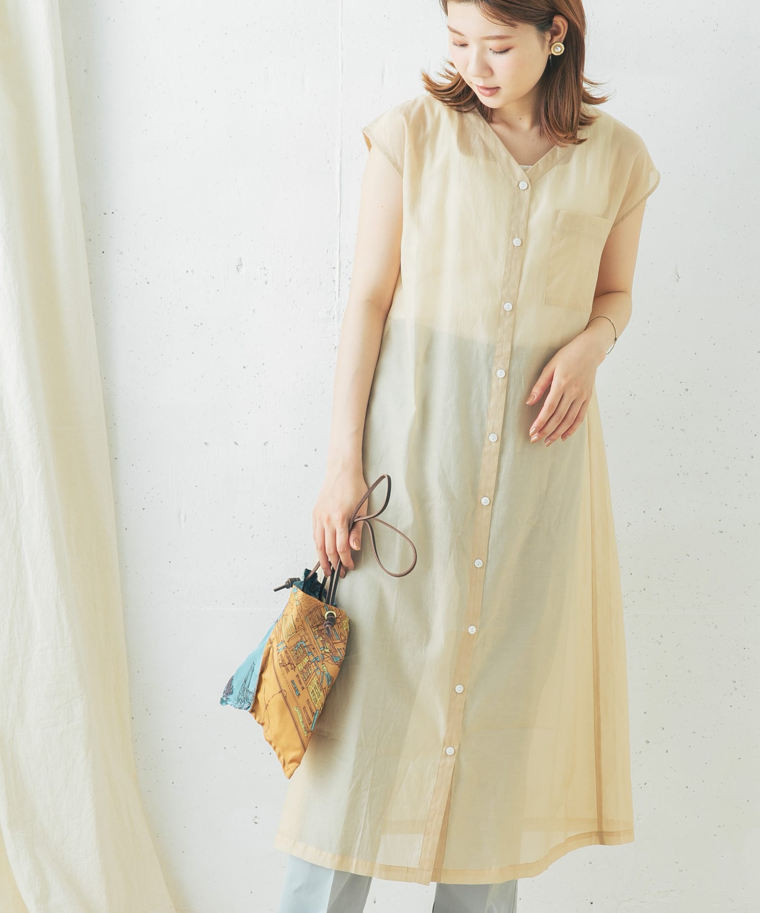 コットンシルクフレンチガウンワンピース BEIGE FREE