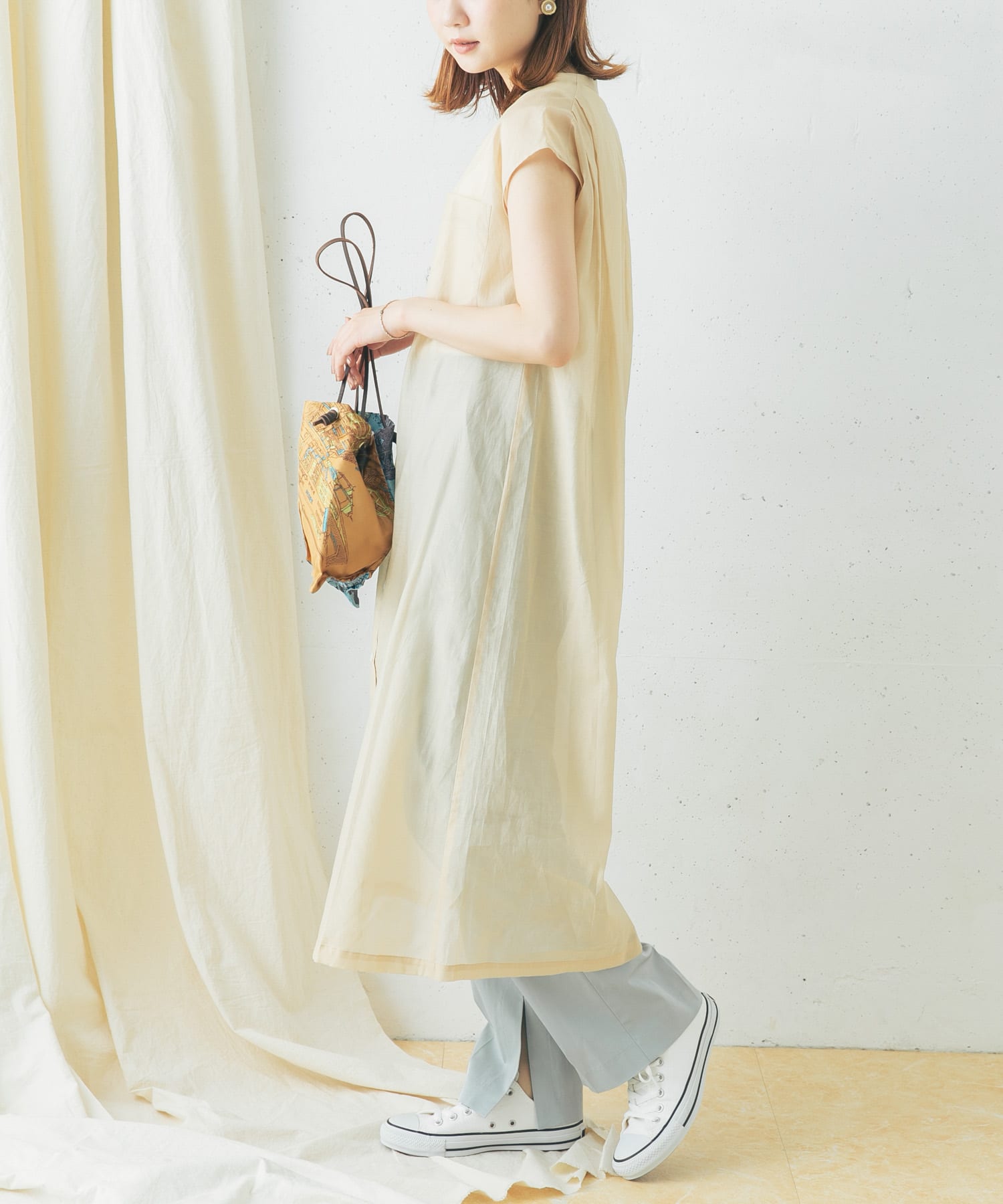 コットンシルクフレンチガウンワンピース BEIGE FREE