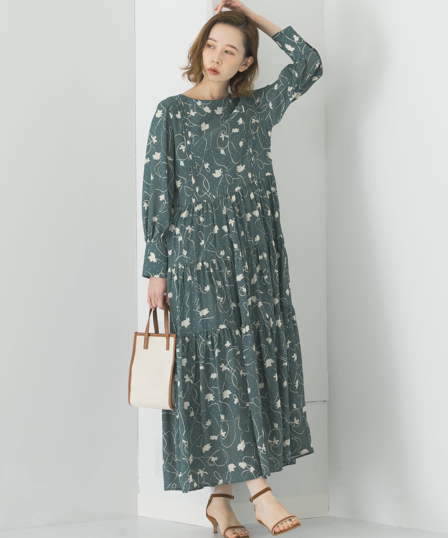 フラワープリントティアードワンピース GREEN FREE