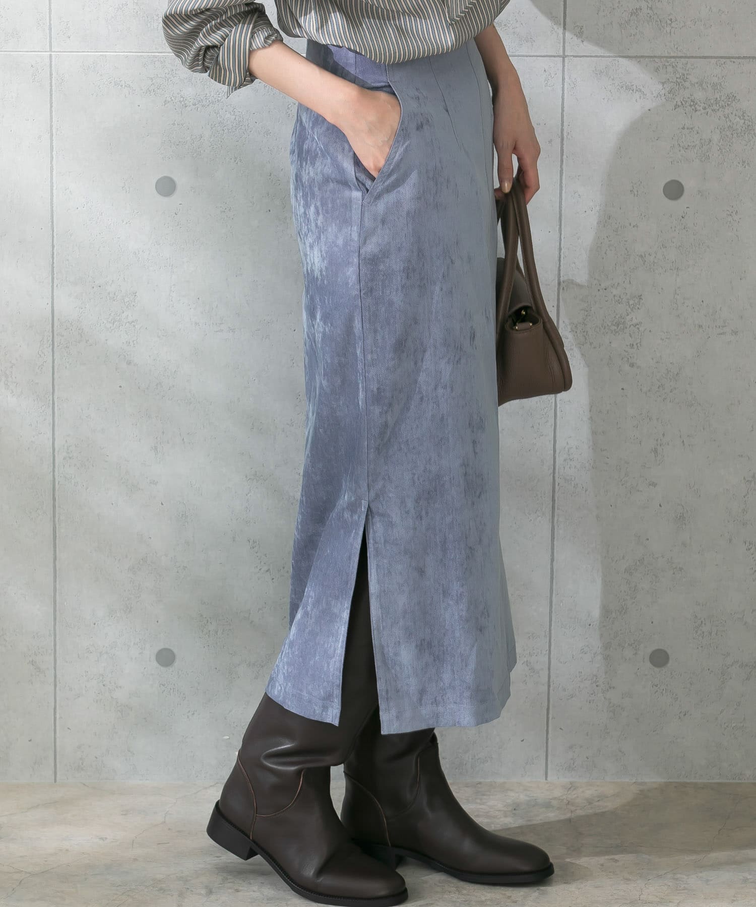 シャンブレー別珍タイトスリットスカート