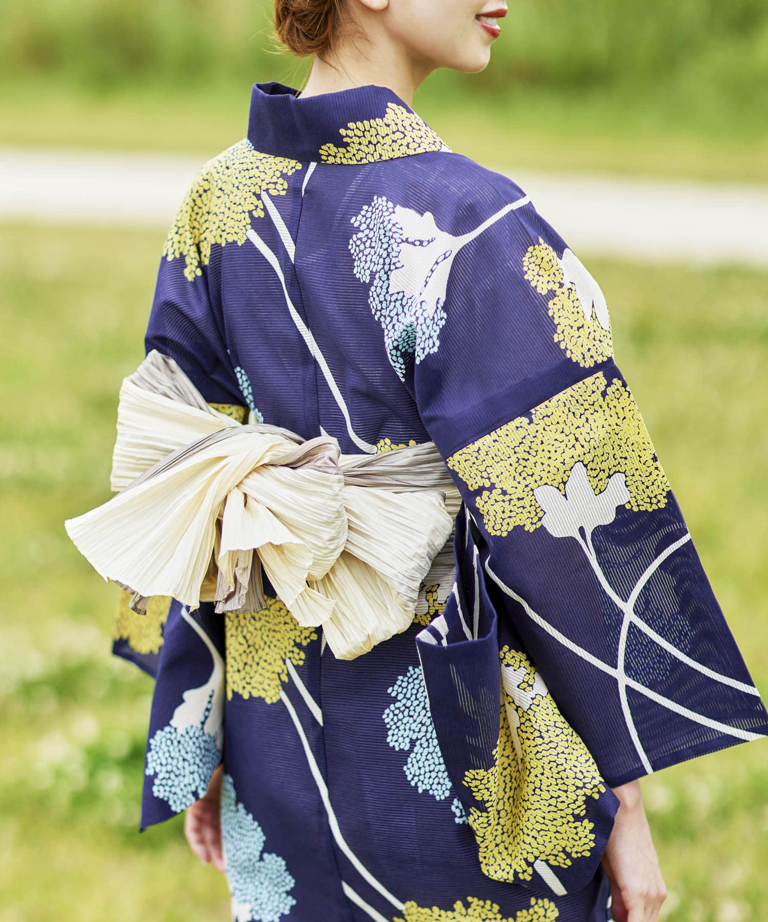 綿絽ゆかた 花と蔓 紺 FREE