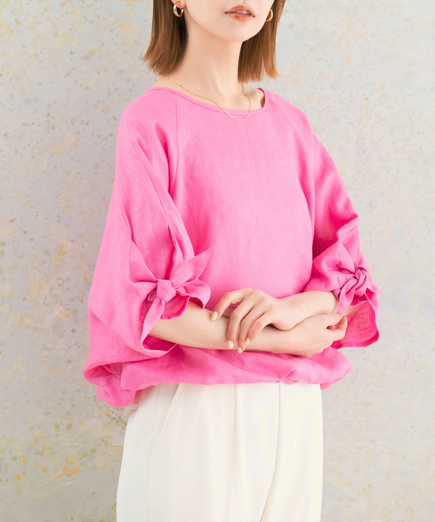 URBAN RESEARCH ROSSO - 美品　ロッソ　リネン　リボンブラウス　プルオーバー リボンスリーブプルオーバー(FREE PINK): トップス｜URBAN RESEARCH