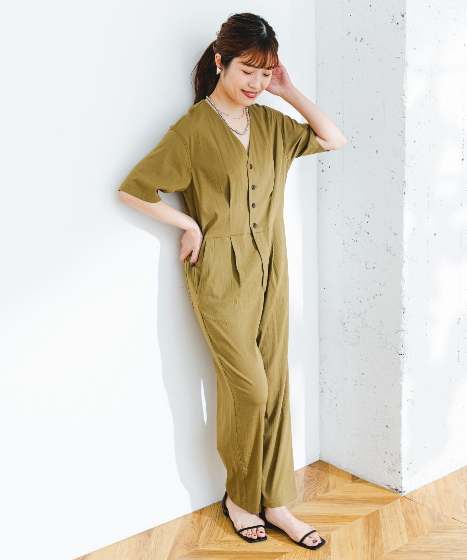 F by ROSSO ウエスト切り替えVネックオールインワン(36 KHAKI