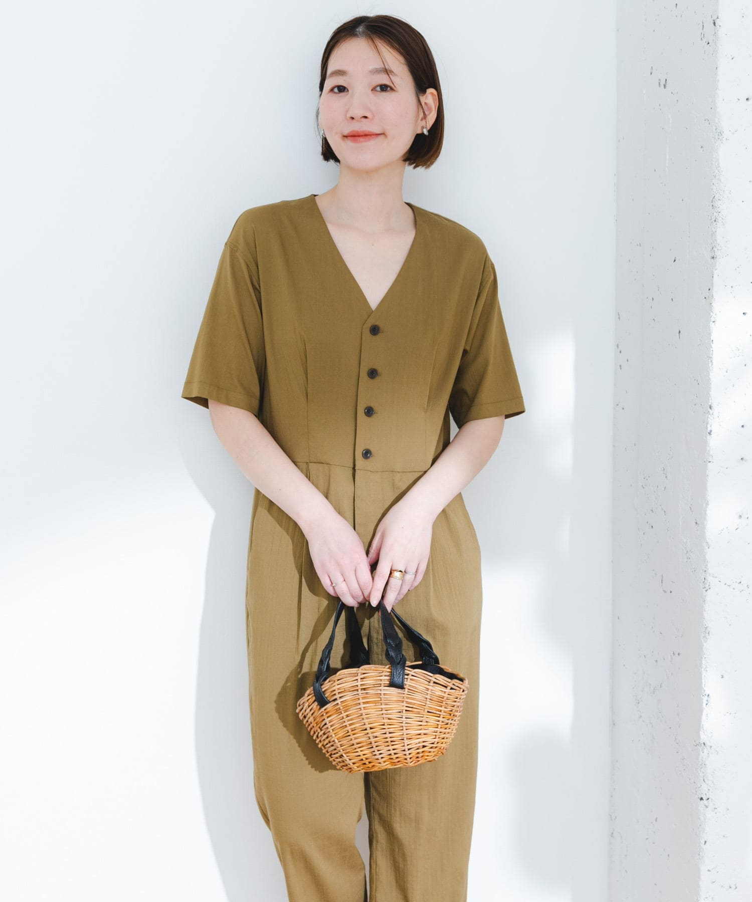 F by ROSSO ウエスト切り替えVネックオールインワン(36 KHAKI): ボトム