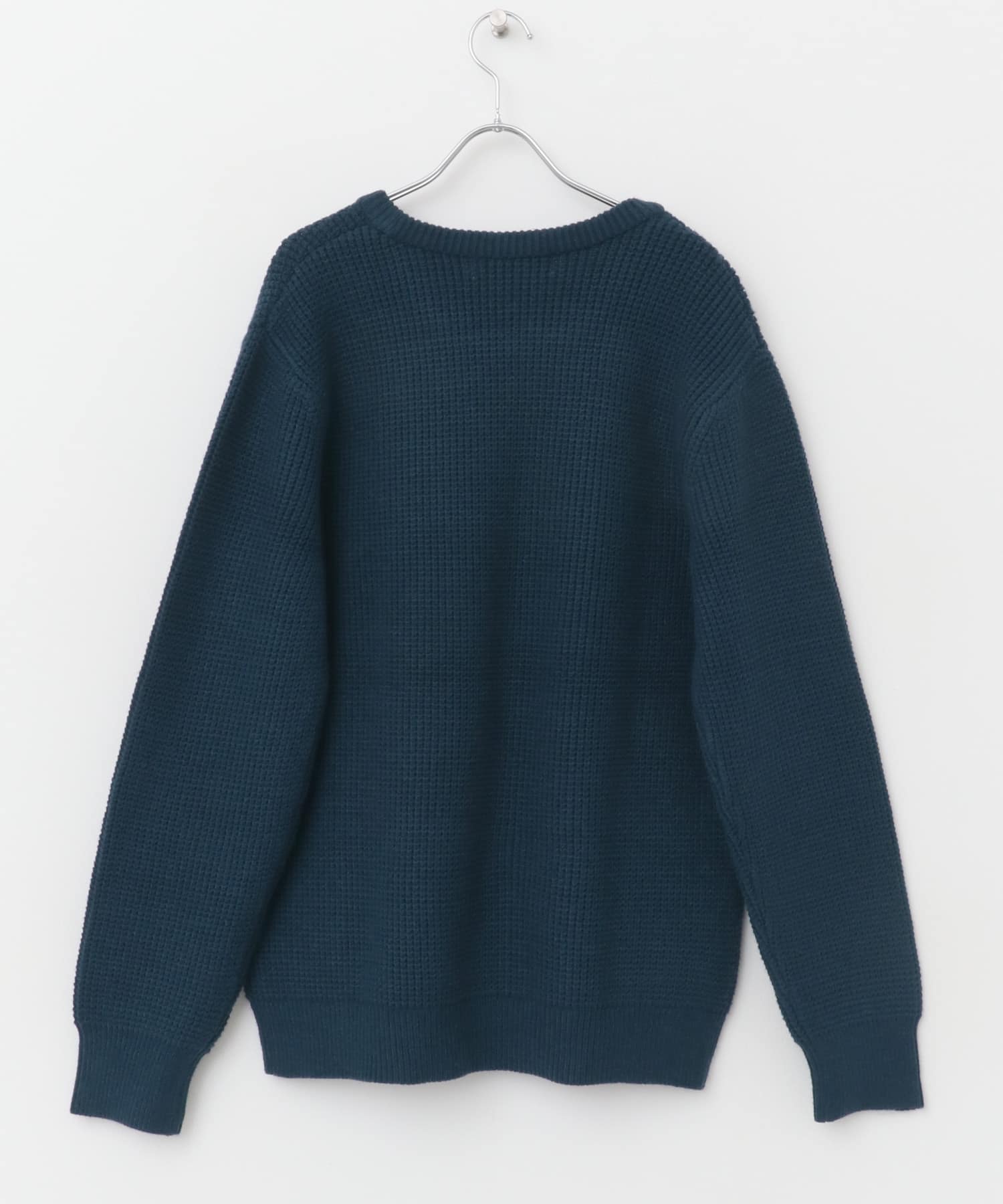 ウォッシャブルストレッチワッフルクルーネックプルオーバー NAVY M